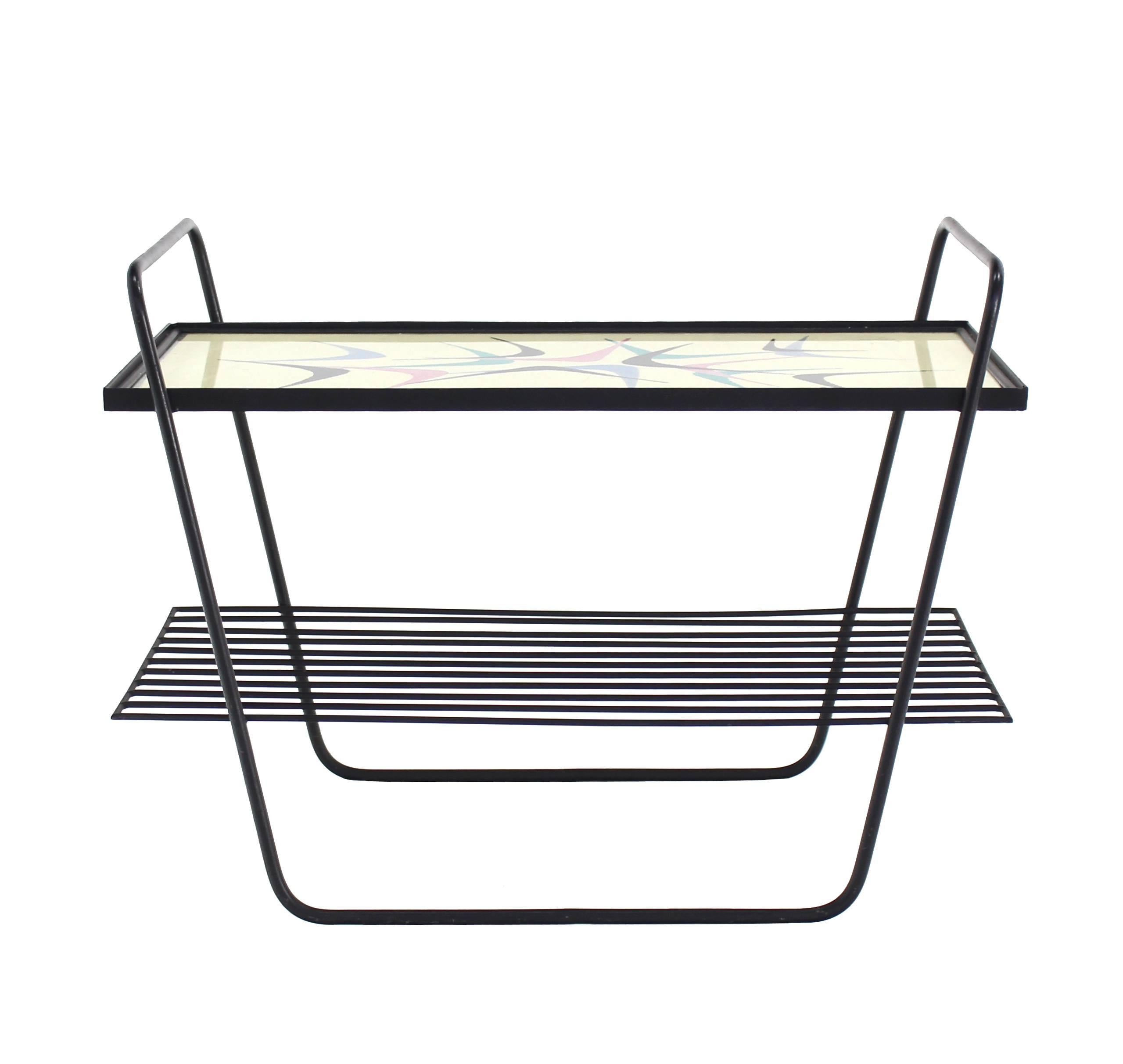 Painted Abstract Design Glass Top Wire Shelf Mid-Century Modern Side Table Cart Tray For Sale