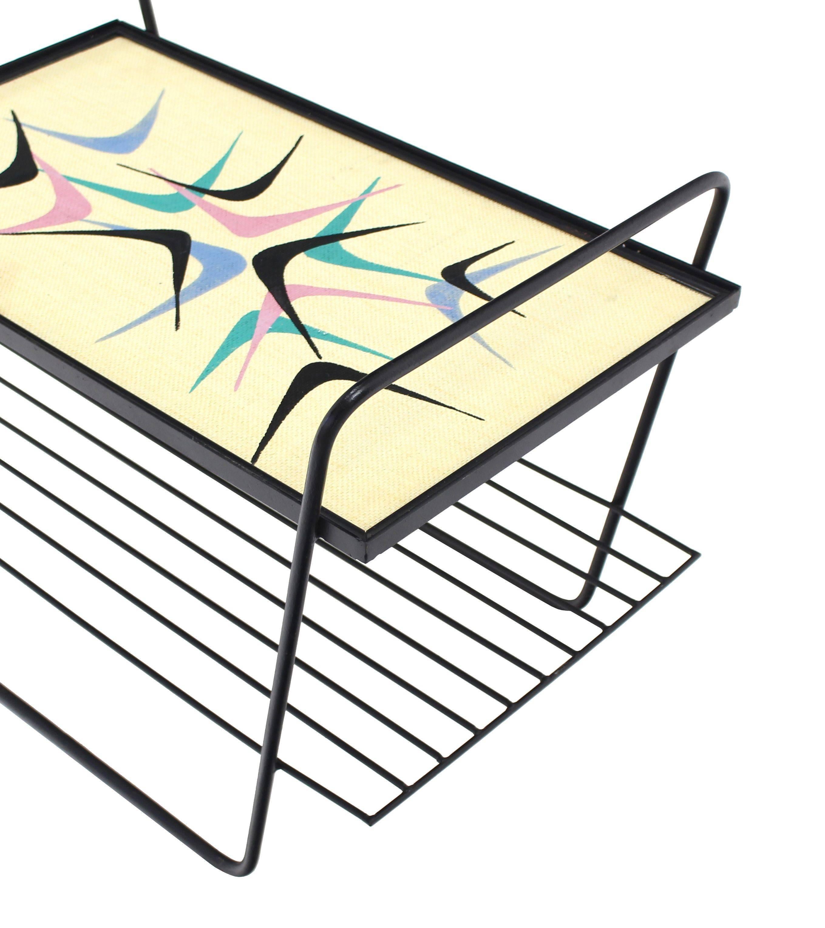 20th Century Abstract Design Glass Top Wire Shelf Mid-Century Modern Side Table Cart Tray For Sale