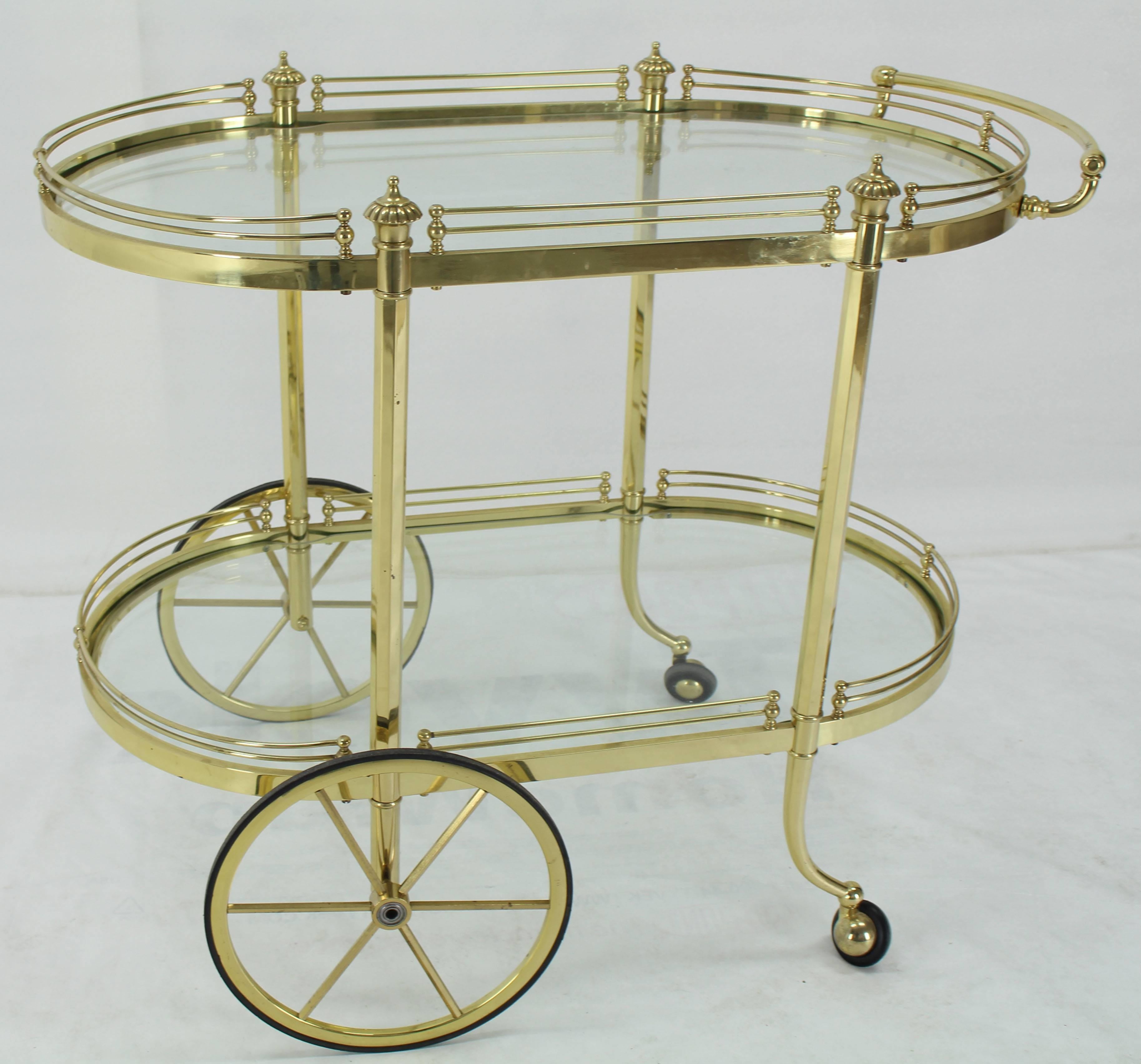 Mid-Century Modern Two-Tier Polished Brass Glass Rolling Serving Bar Cart For Sale