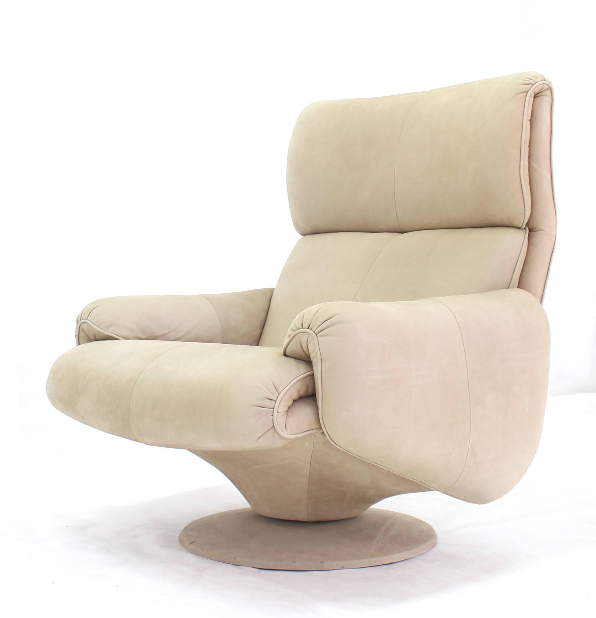 Mid-Century Modern Beige Suede Leather Lounge Chair with Matching Ottoman For Sale