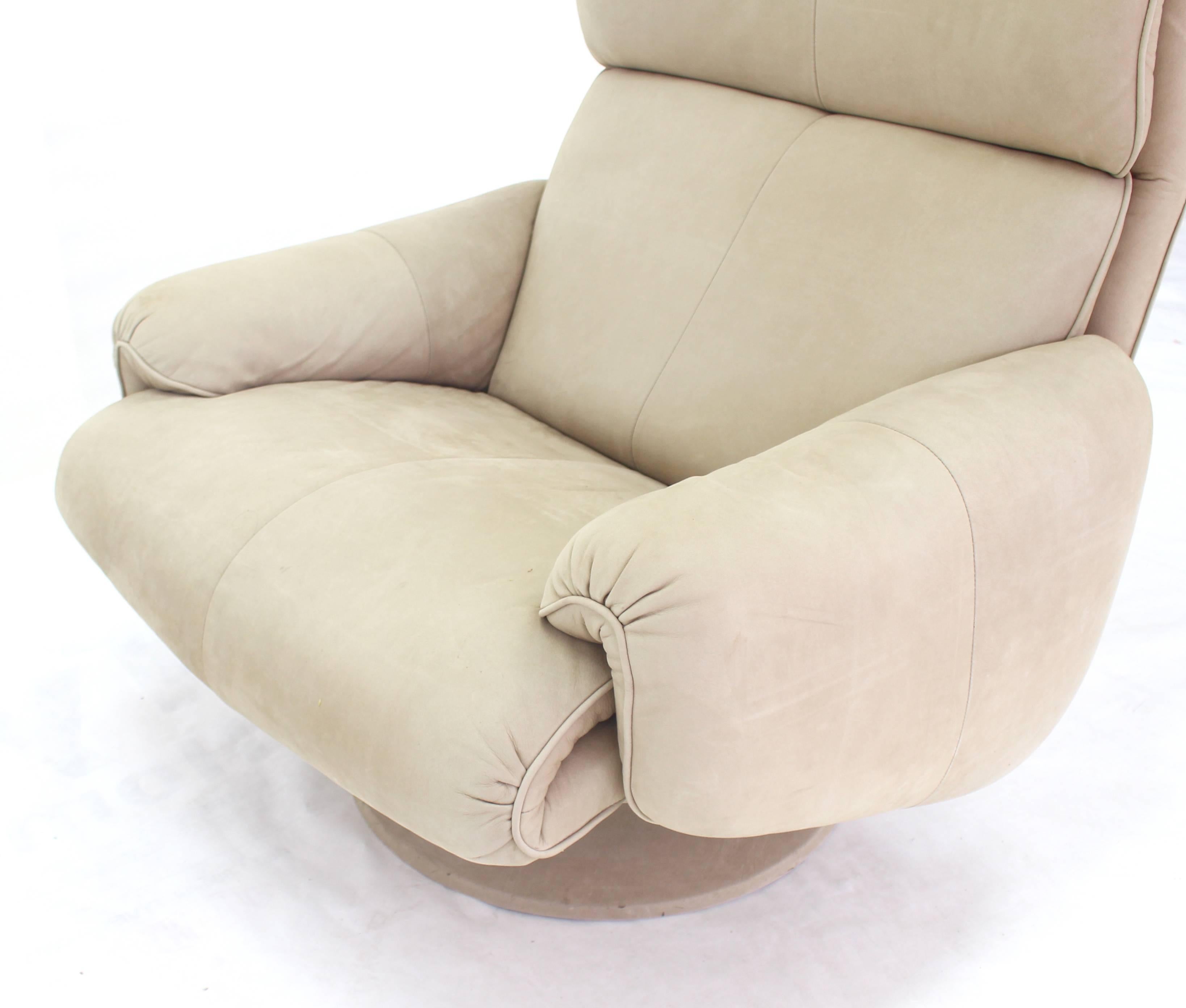 American Beige Suede Leather Lounge Chair with Matching Ottoman For Sale
