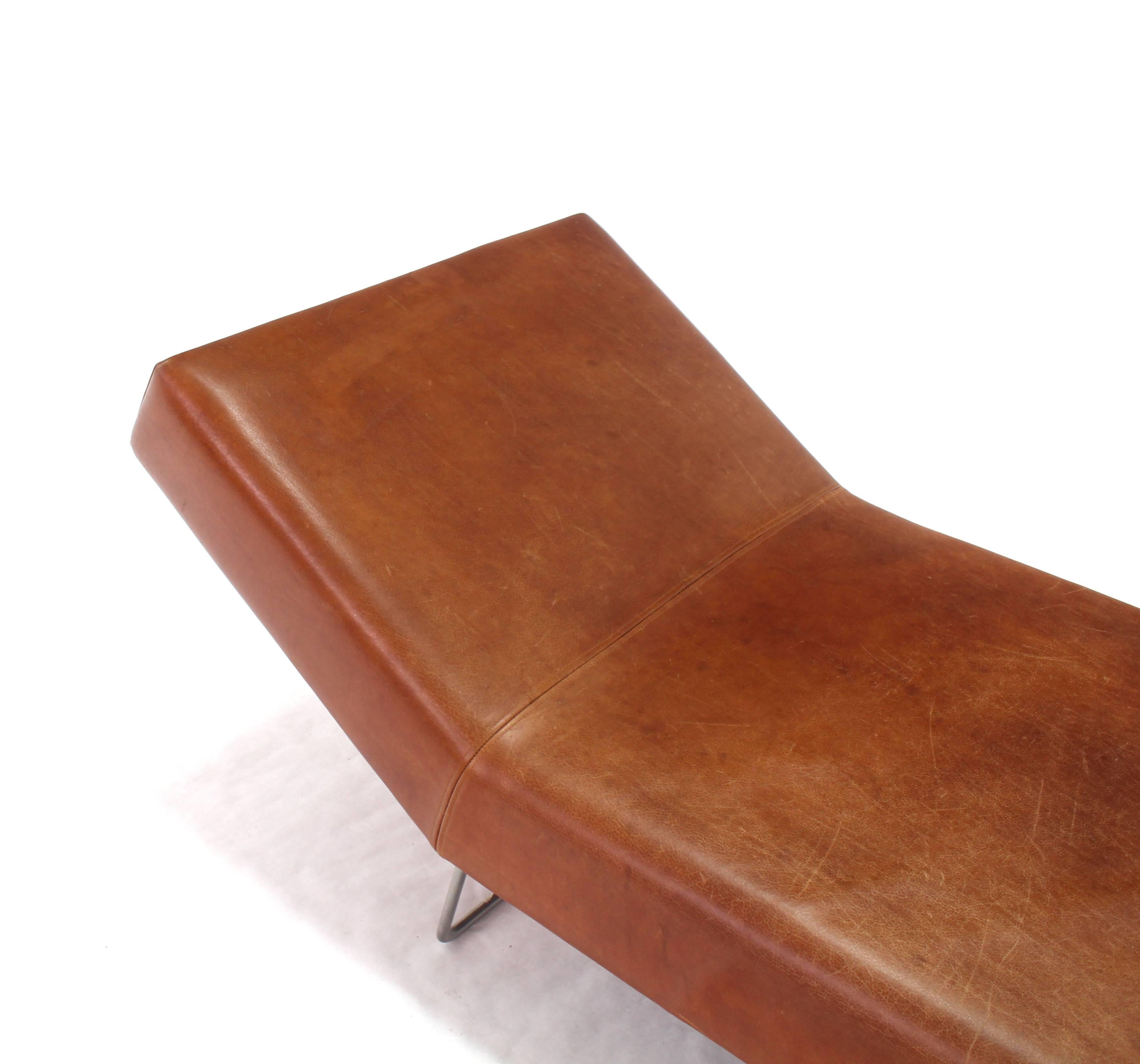 Mid-Century Modern Brown Leather Chaise Lounge Daybed