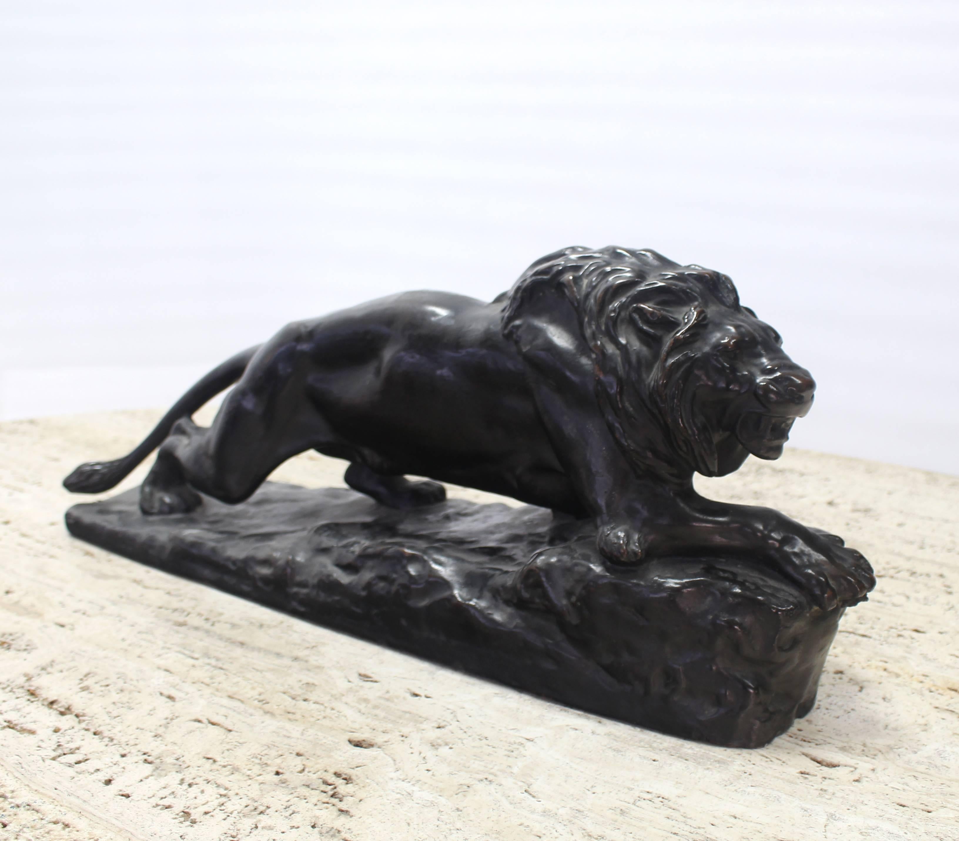 Patinated Artist Signed Ceramic Sculpture of Lion For Sale