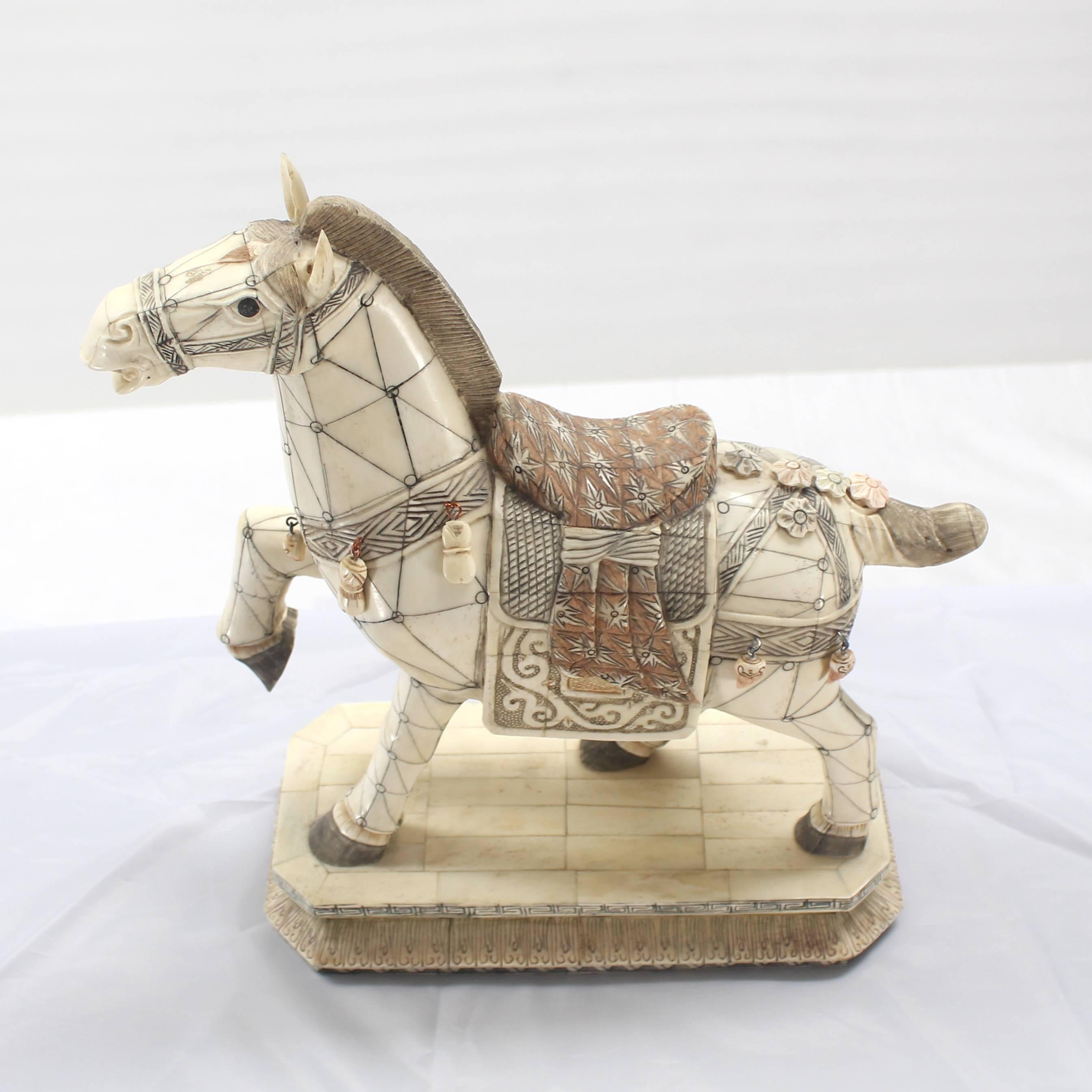 Polished Sheeted Bone Tile Horse Sculpture Statue