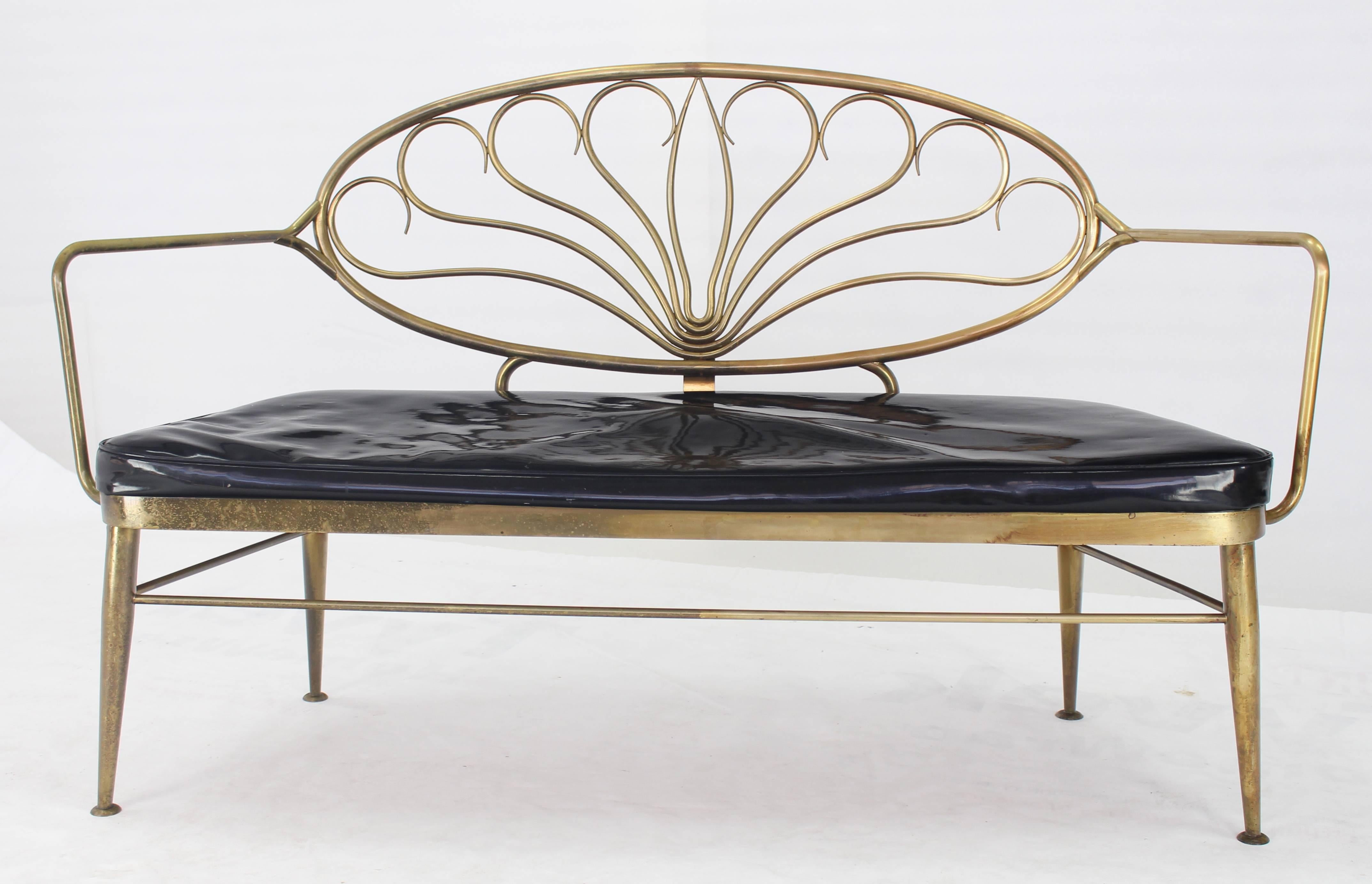 Solid Brass Scallop Back Mid-Century Loveseat Settee Bench In Good Condition For Sale In Rockaway, NJ
