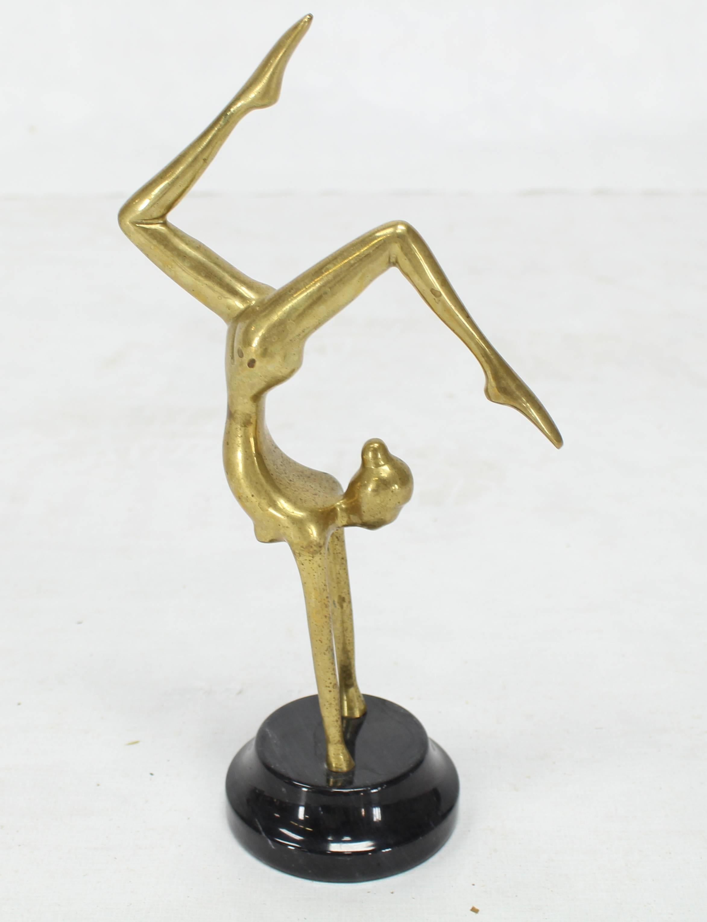 Mid-Century Modern Tall Modern Bronze Sculpture of Gymnast in Action Marble Base For Sale