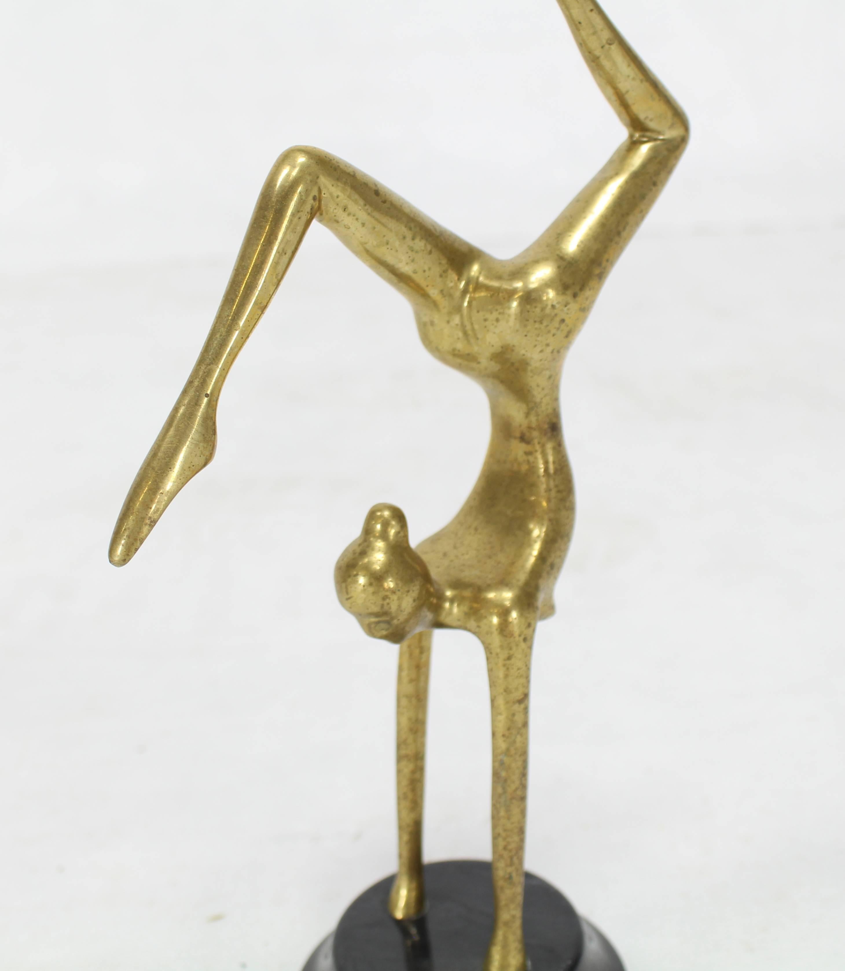 Polished Tall Modern Bronze Sculpture of Gymnast in Action Marble Base For Sale