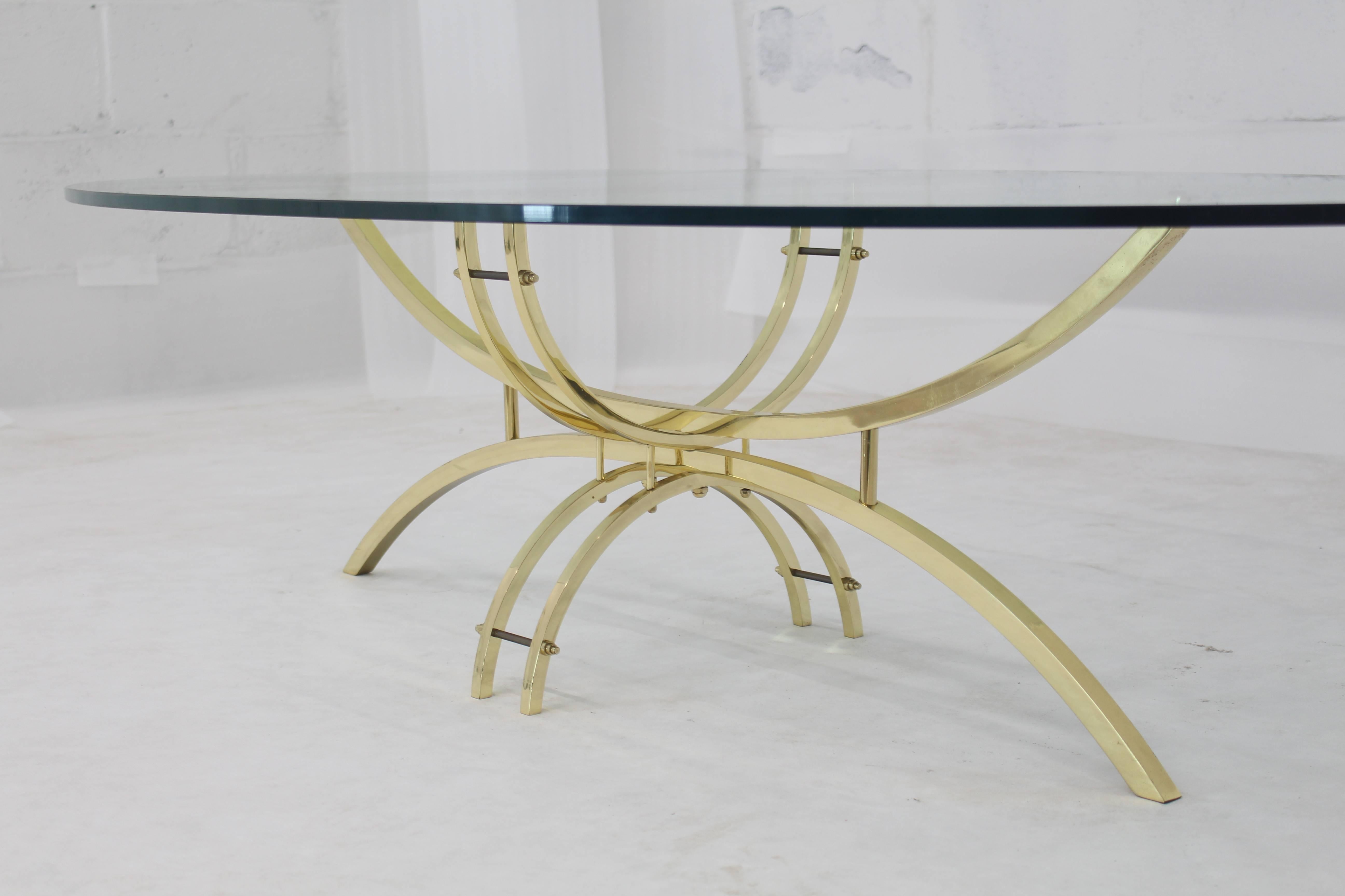 American Oval Brass & Glass Coffee Table  For Sale