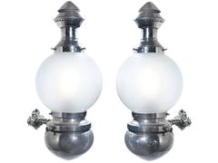 Antique Large Matching Pair of Railroad Kerosene Sconces, Electrified