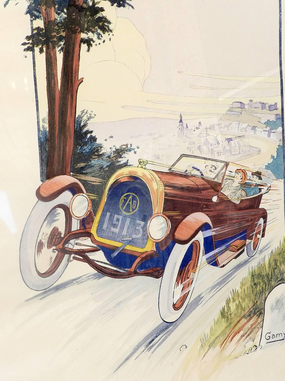 A hand-colored 1913 lithograph by French artist Gamy. Titled: Fabrique Automobile Belge Bruxelles.

Ernest Montaut (1879-1909), a French artist, was celebrated as an illustrator of early automobile racing, air and water