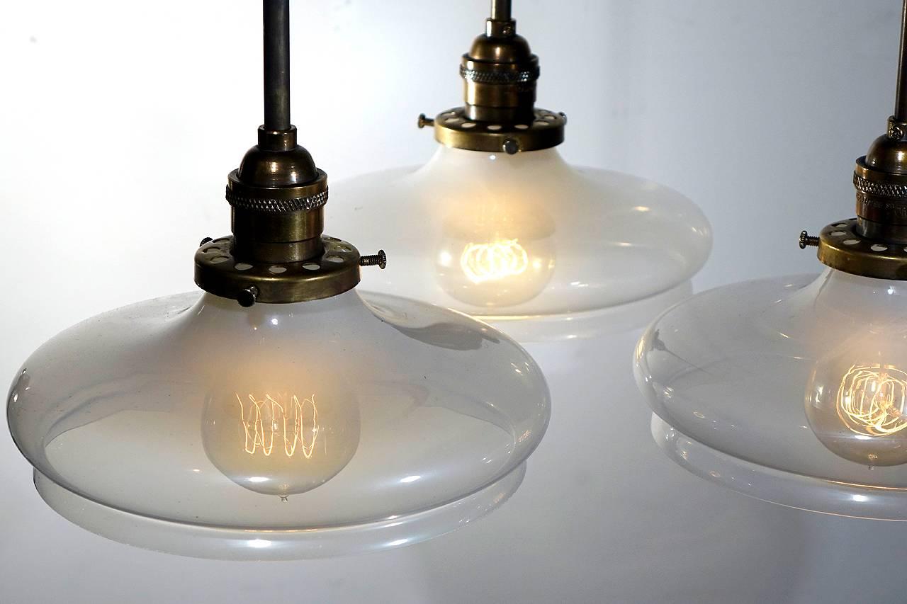 Elegant Three-Light Vaseline Glass Chandelier In Excellent Condition In Peekskill, NY