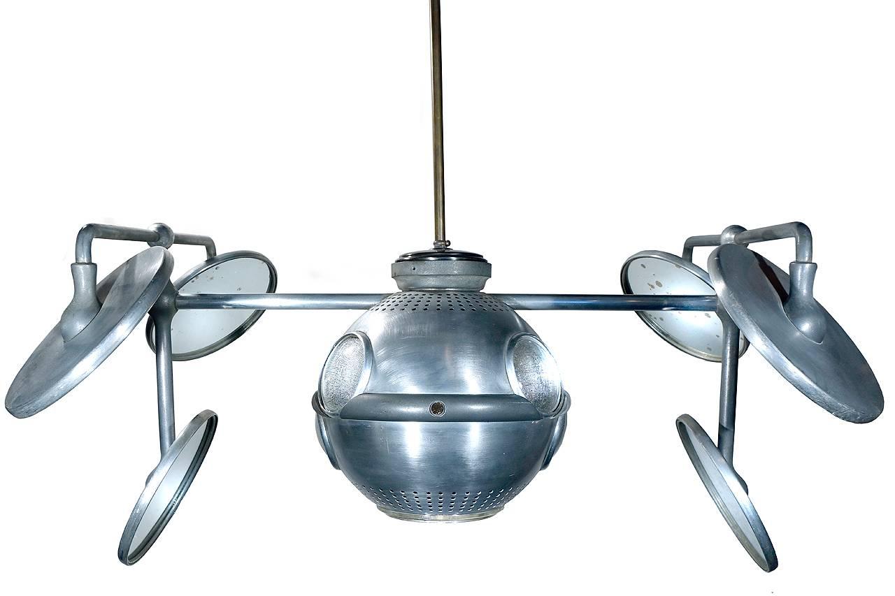 Some consider this lamp the “Holy Grail” of Industrial lighting and typical of the rare odd objects and lamps you will find on my web pages. You can’t make a more dramatic visual statement than this lamp! The 12 inch aluminum ball head has five