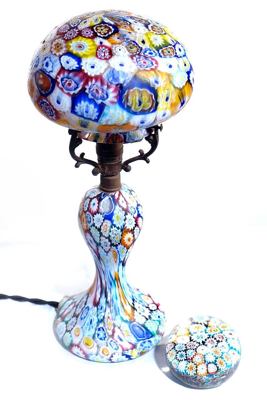 This beautiful handblown Art Nouveau lamp is all original including the patina, socket and metal parts. Also included is a matching dome paperweight.