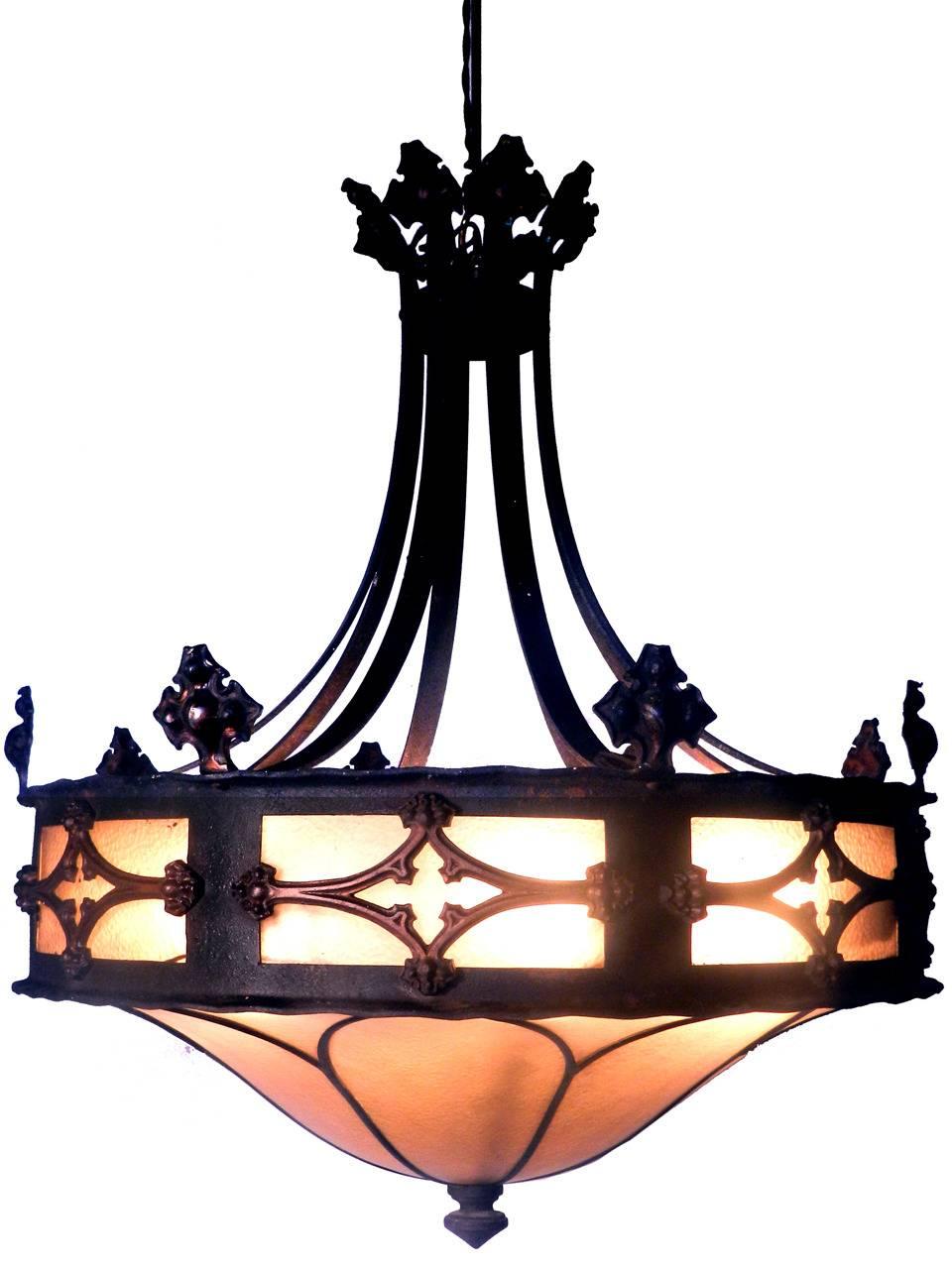 American Large Gothic Amber Glass Chandelier