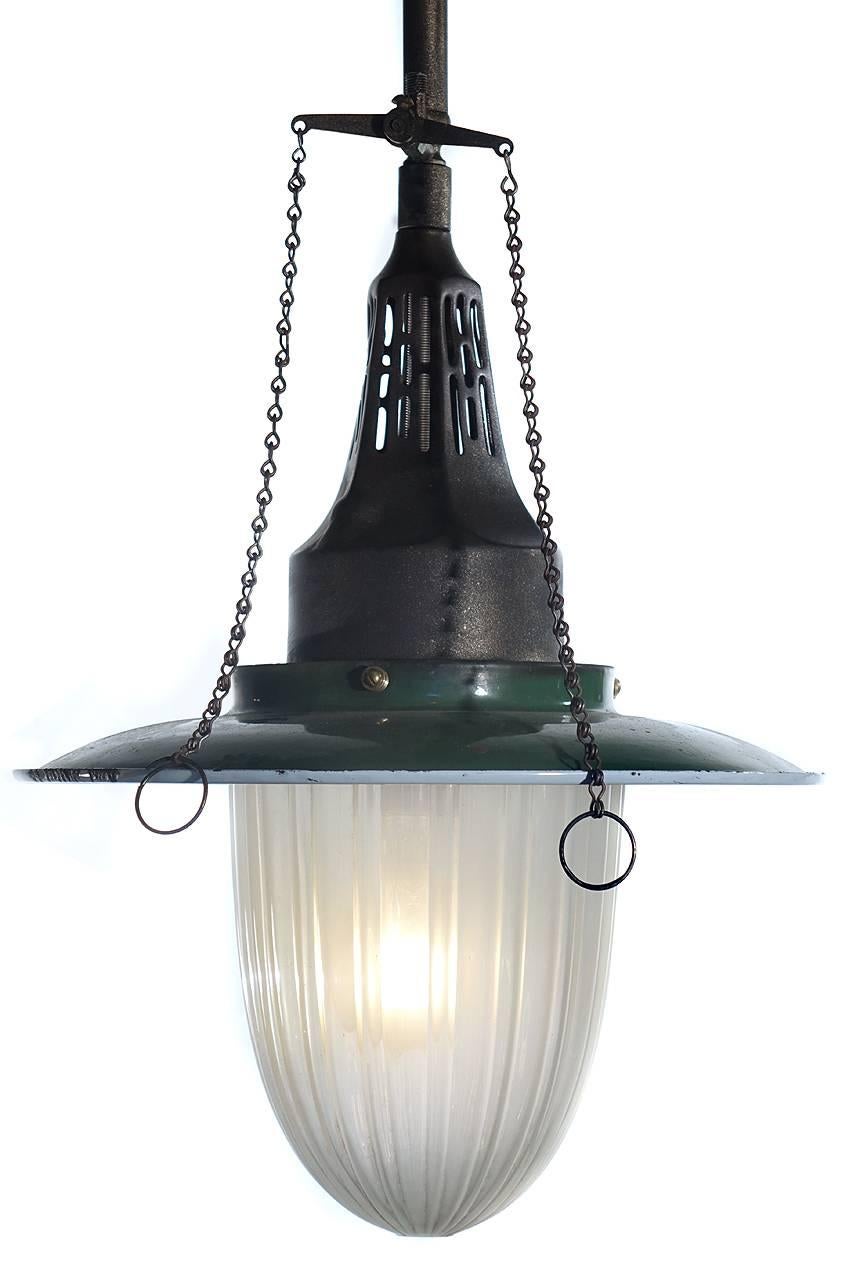 Industrial Pair of Fluted Glass Gas Lamps