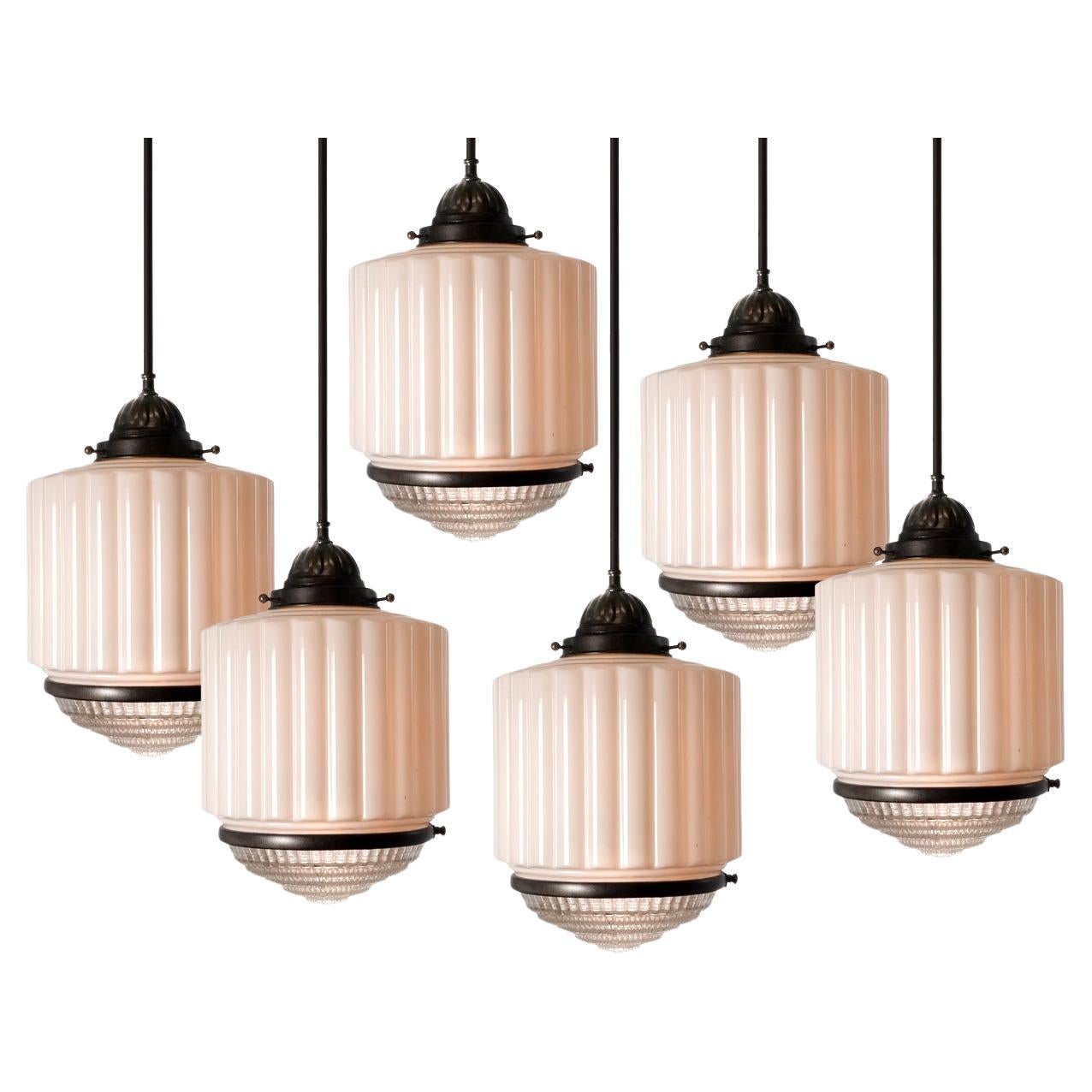 Collection of Milk Glass Deco with Clear Crystal Cut Lens Bottom Pendents