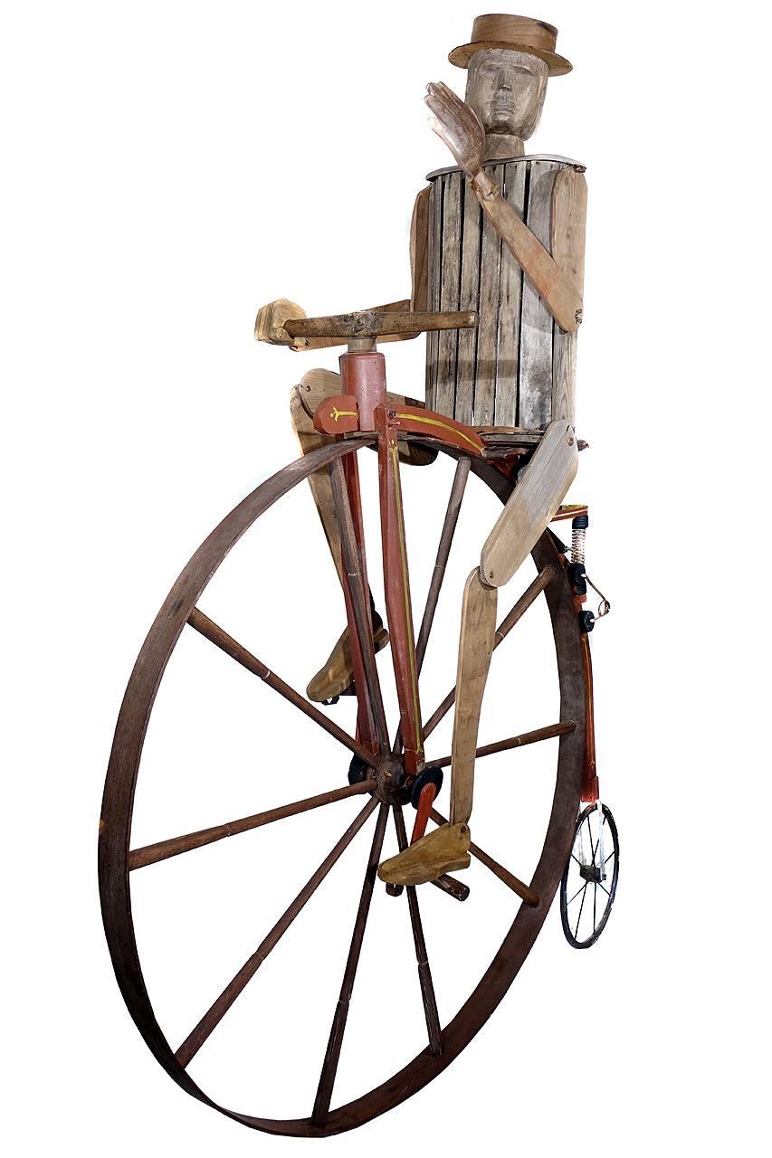 20th Century Large Striking Folk Art Highwheel Bicycle and Rider