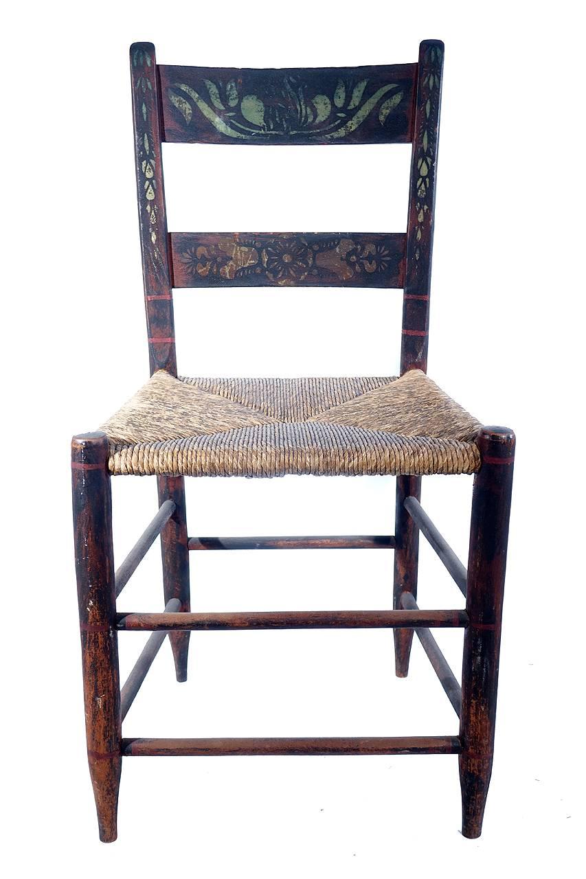 Rustic Set of Six Hand-Painted Rush Chairs