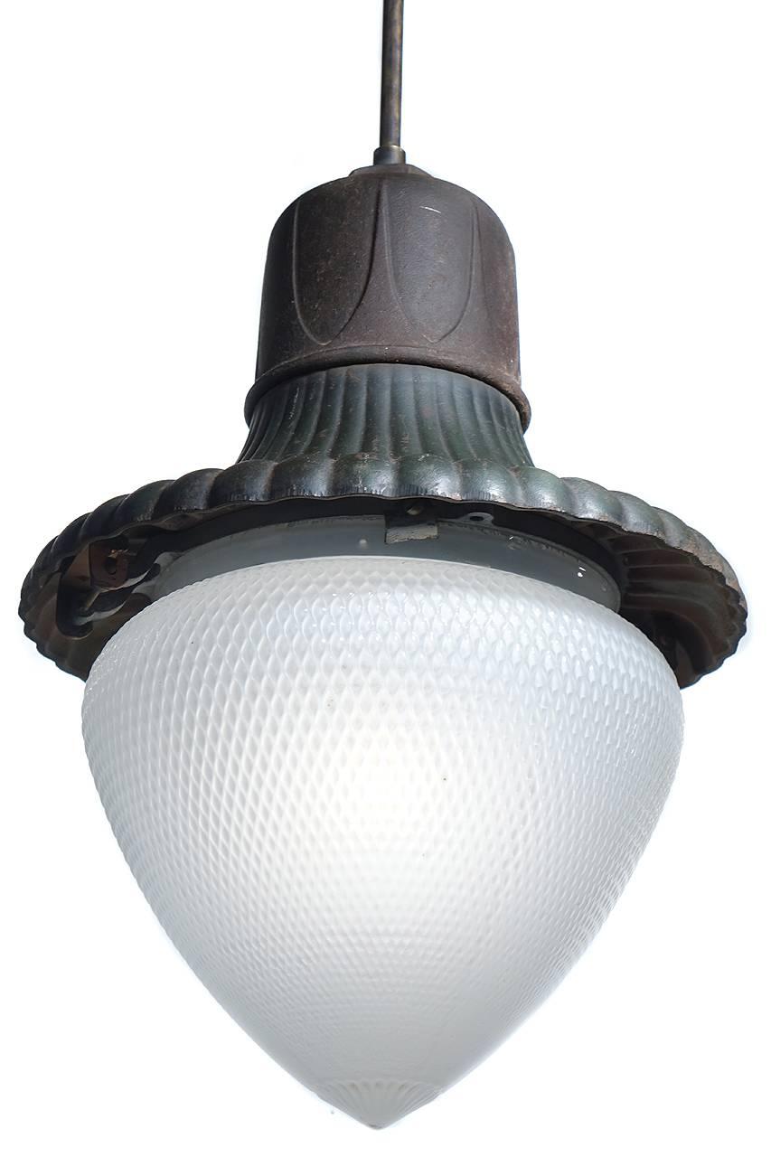 This early street lamp is a standout with its oversized, patterned and frosted acorn glass shade. The two-piece cast iron casting also has some nice organic details. It's all original glass and paint with just the right look.