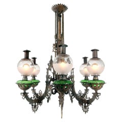 Large Ornate 1800s Cast Iron Six-Arm Oil Chandelier