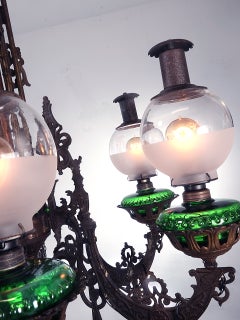 Large Ornate 1800s Cast Iron Six-Arm Oil Chandelier