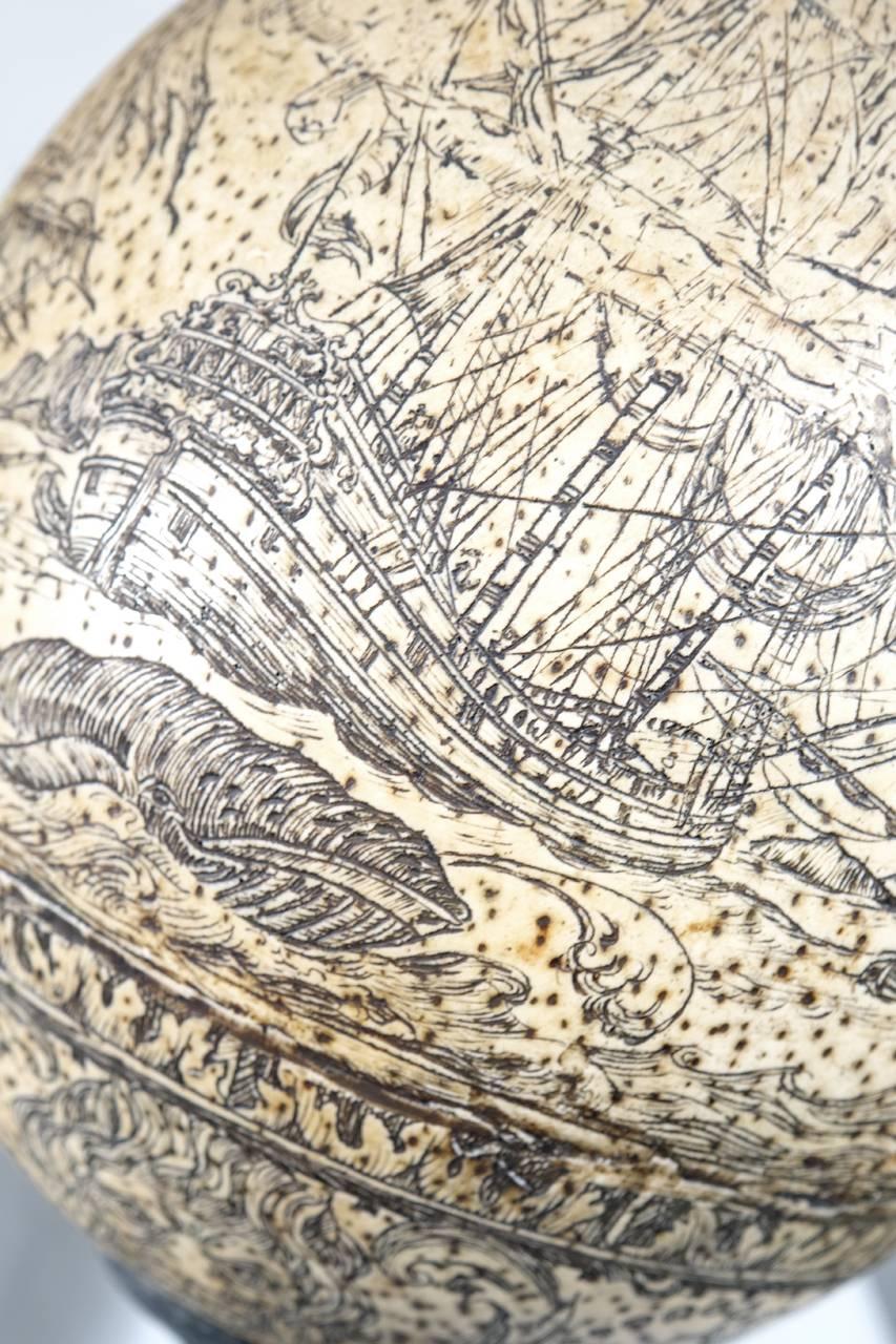 Antique Ostrich egg with unparalled scrimshaw whaling scenes. More than likely 1880s. Entire egg is covered with detailed carving. A remarkable work of art. Carvings are of historical significance as they depict the whaling industry of the late 19th