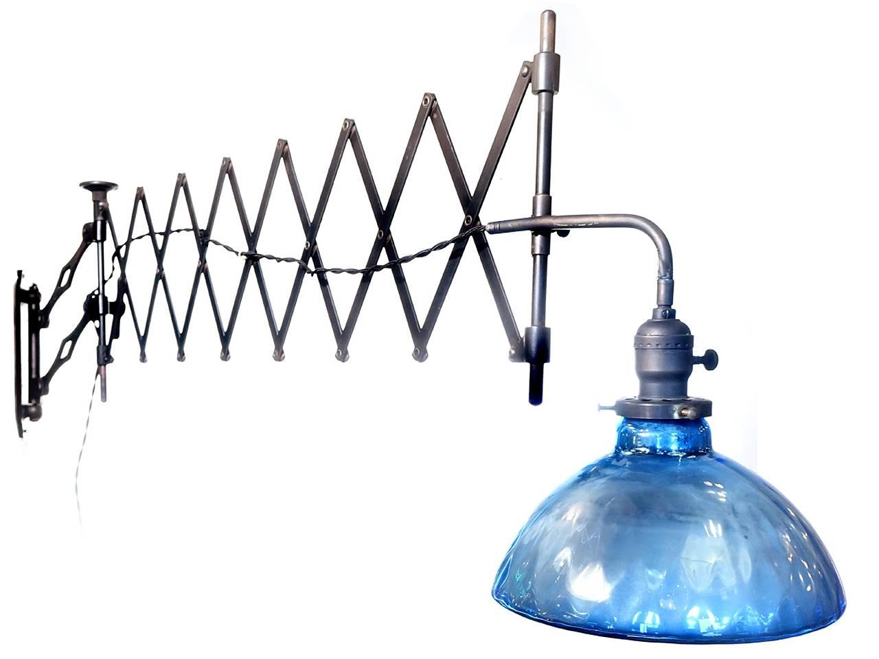 American Matching Pair of Heavy Industrial Scissor Lamp with Blue Mercury Glass Shade
