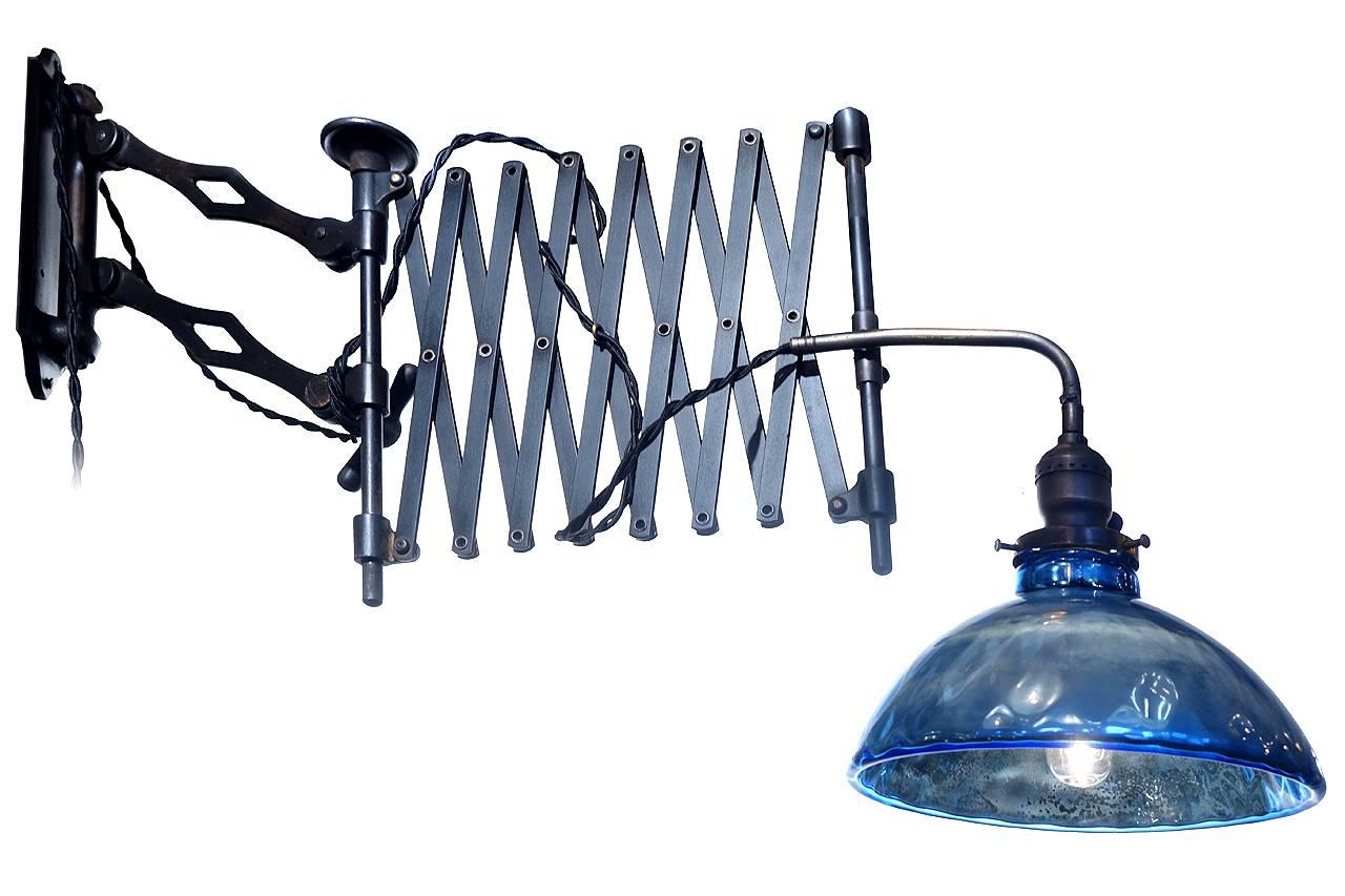 Matching Pair of Heavy Industrial Scissor Lamp with Blue Mercury Glass Shade In Excellent Condition In Peekskill, NY