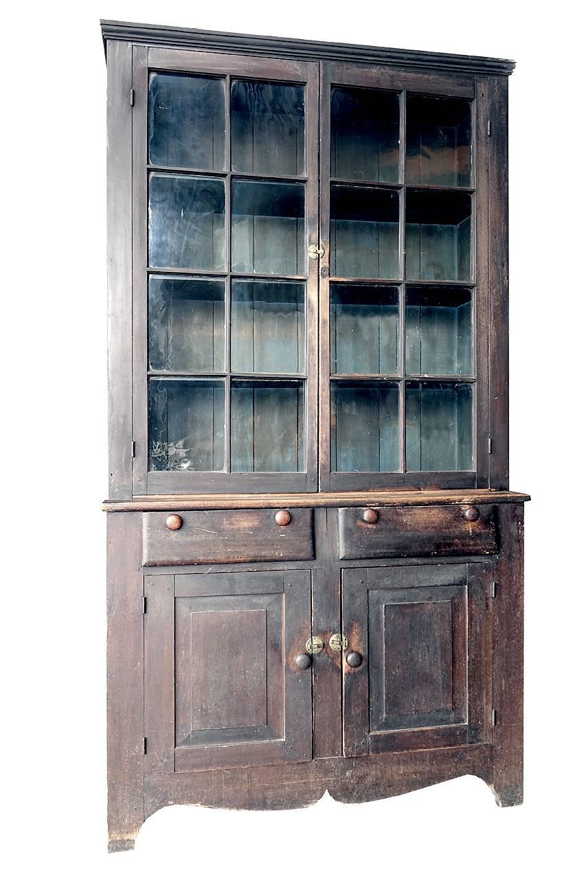 19th Century Mid-1800s Glazed Two-Tier Cupboard in Original Paint