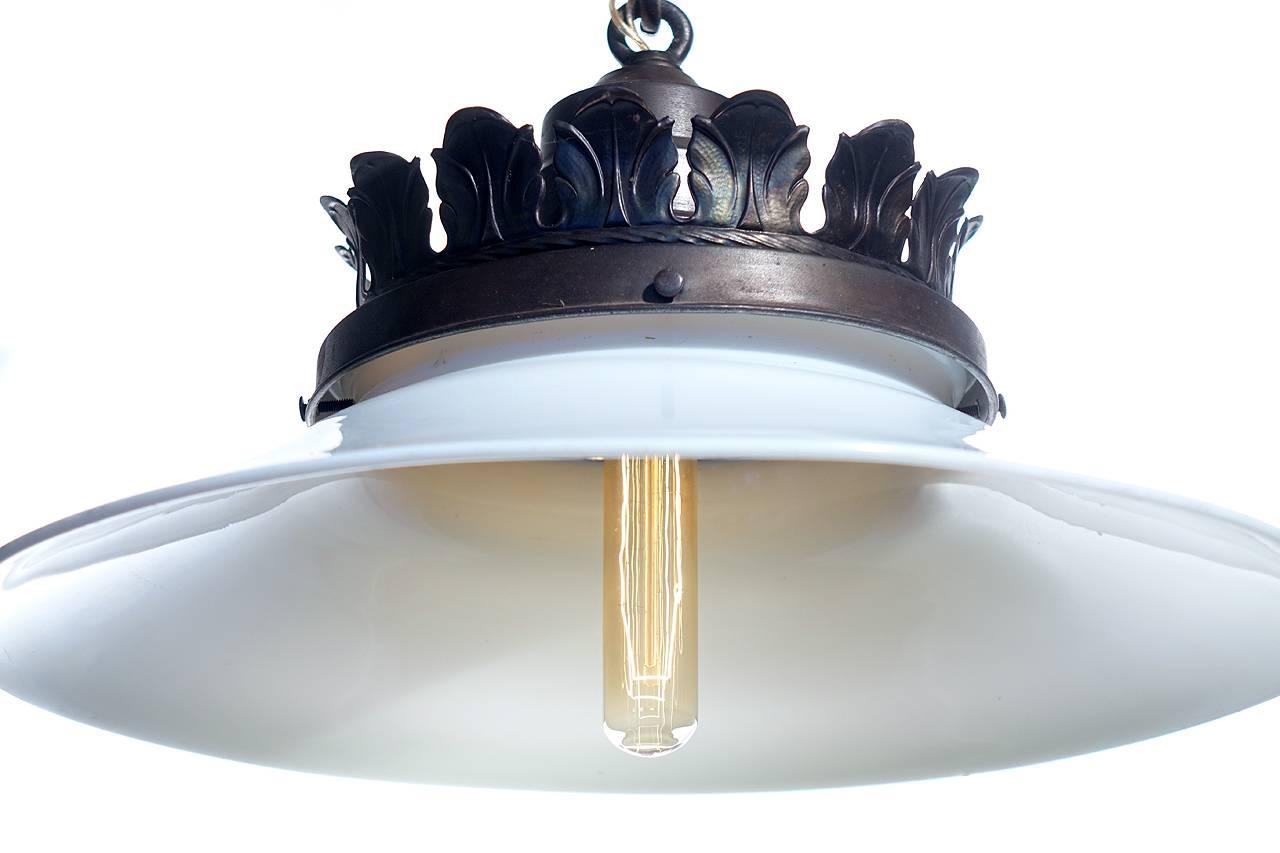 American Simple, Elegant and Original Mirrored Reflector Pendent with Milk Glass Shade