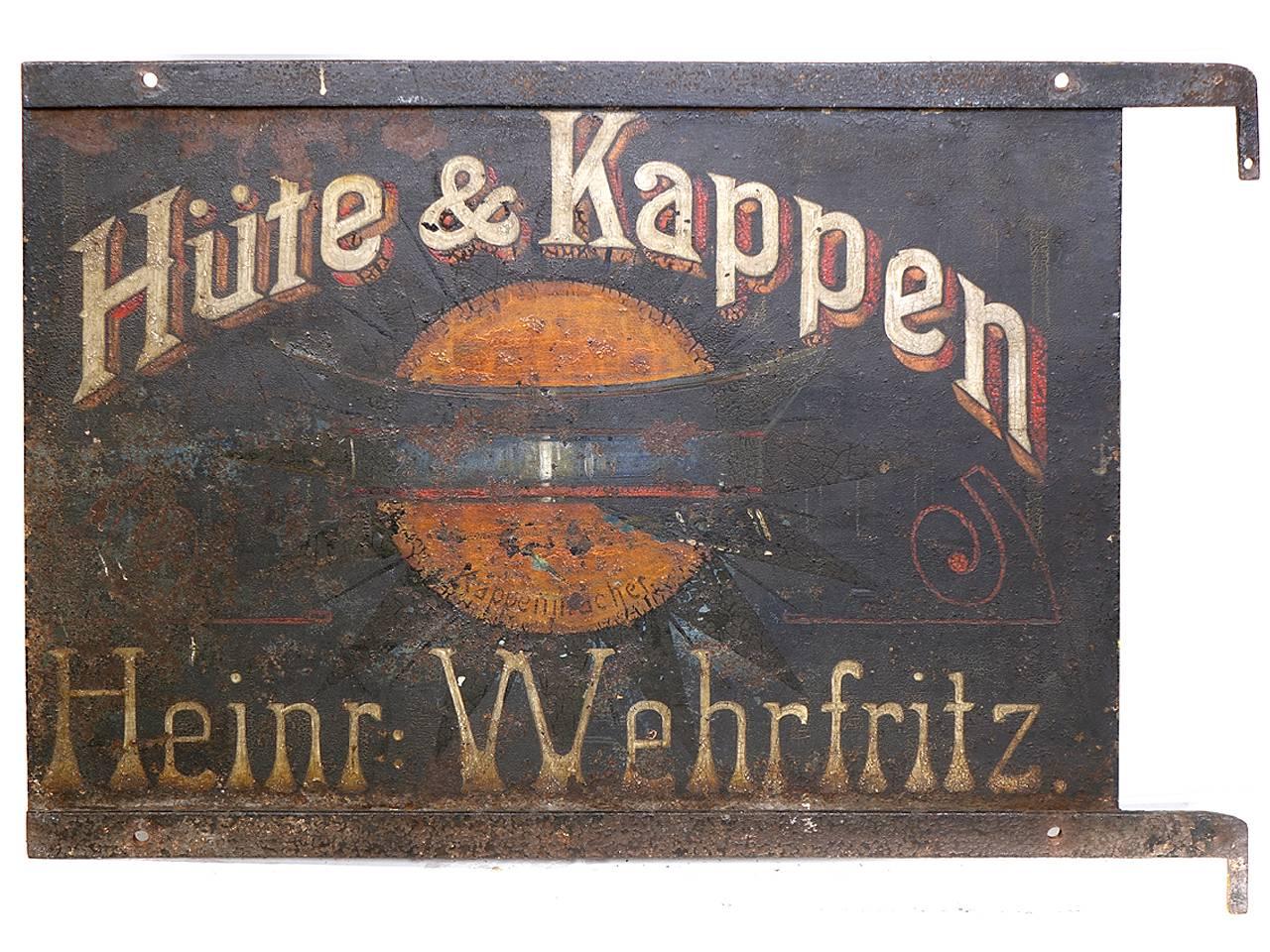 Rustic Early German Hand-Painted Hat Maker Sign