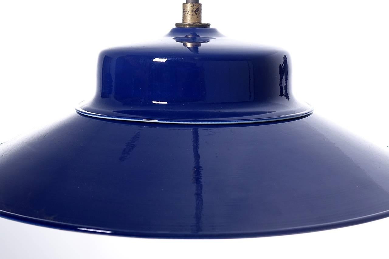 Desirable Cobalt Blue Three-Bulb Benjamin Pendents In Excellent Condition In Peekskill, NY