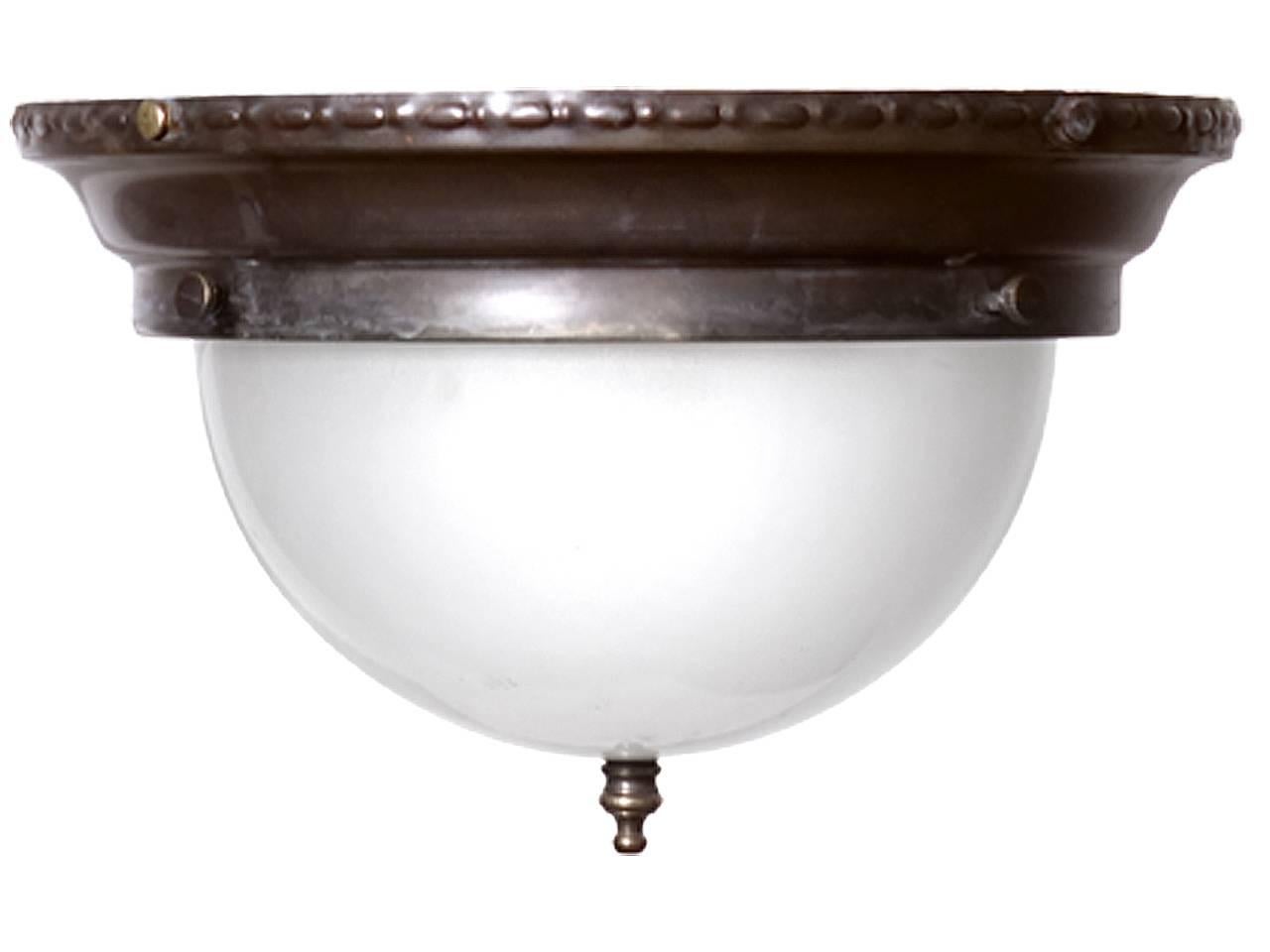 American Small Dome Brass and Frosted Glass Flush Mount For Sale