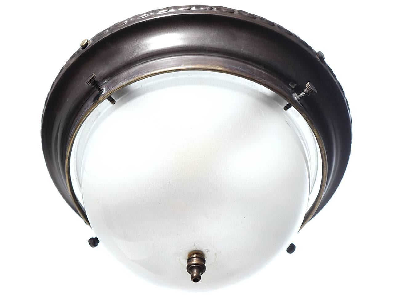 American Craftsman Small Dome Brass and Frosted Glass Flush Mount For Sale