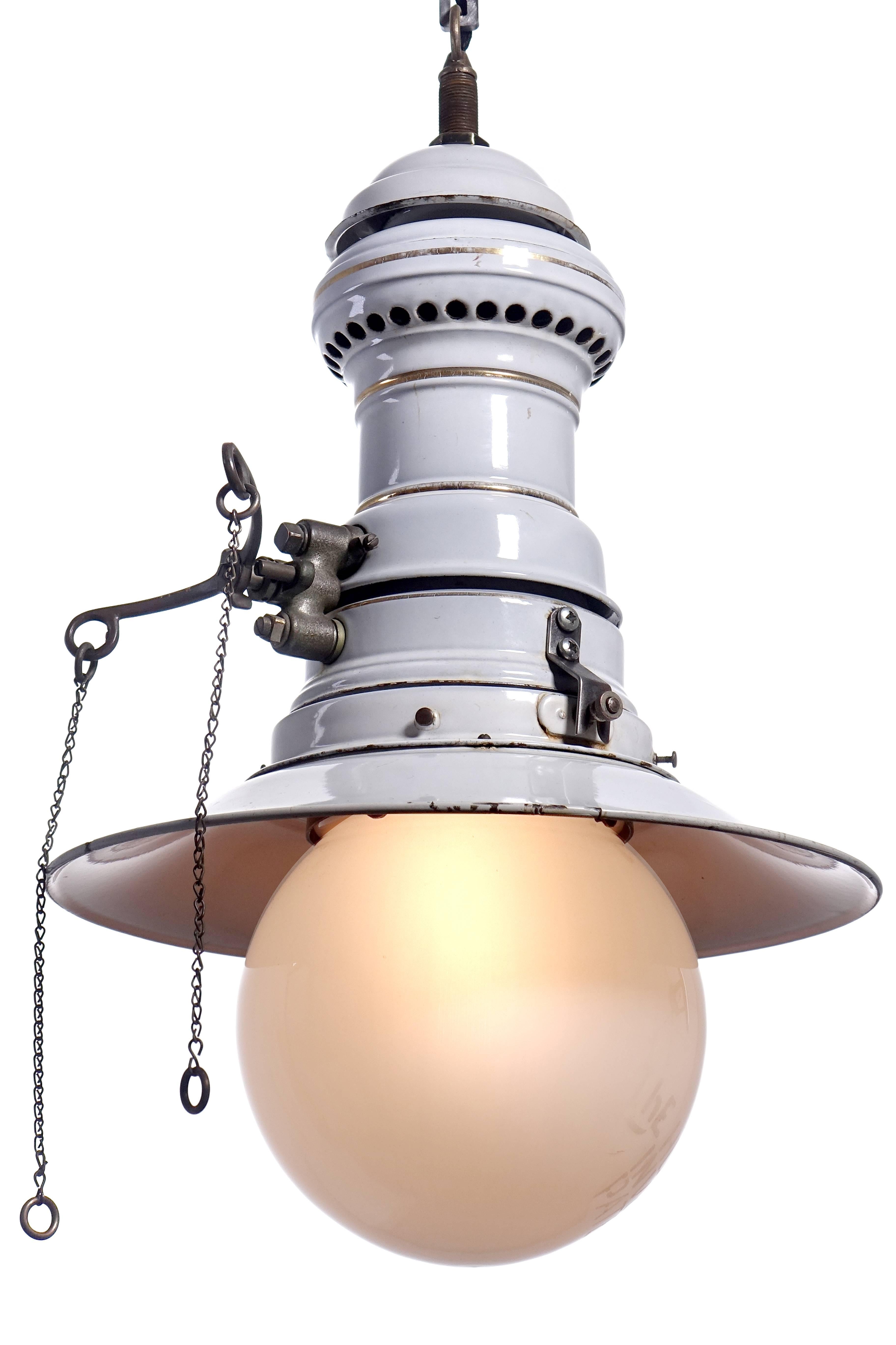 Industrial Large Early Electrified Porcelain Gas Lamp