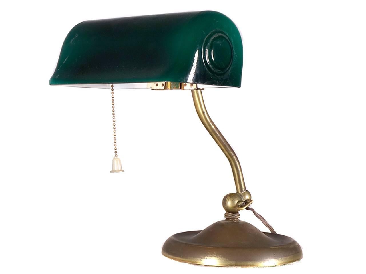 Signed by famous maker, Verdelite, Pat. May 8, 1917, this marvellous banker's desk lamp or piano lamp has an original emerald green blown glass shade. The name is from the verdelite tourmaline gemstone, the maker is Faries. This example is all