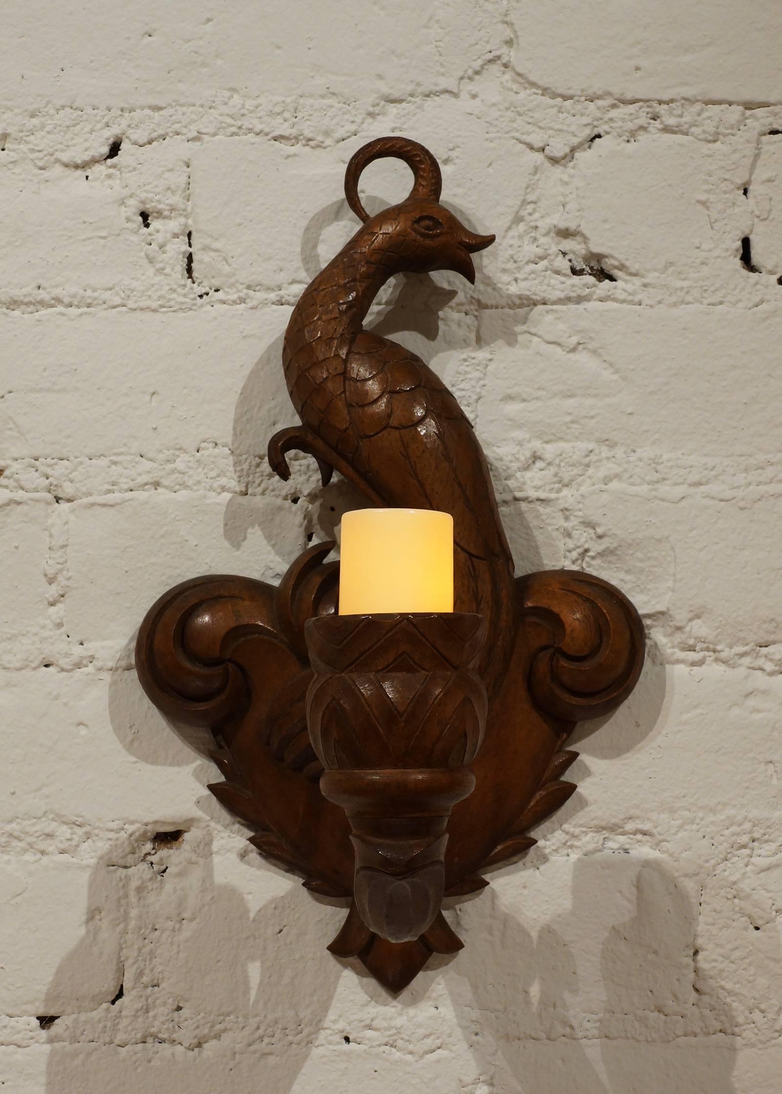 Early 20th Century German Art Deco carved walnut bird of paradise sconce