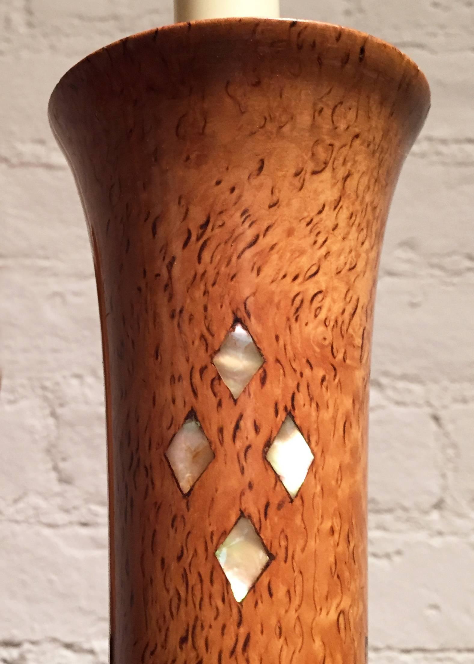 Carved Pair of German Art Deco karelian birch candlesticks with mother-of-pearl inlay For Sale