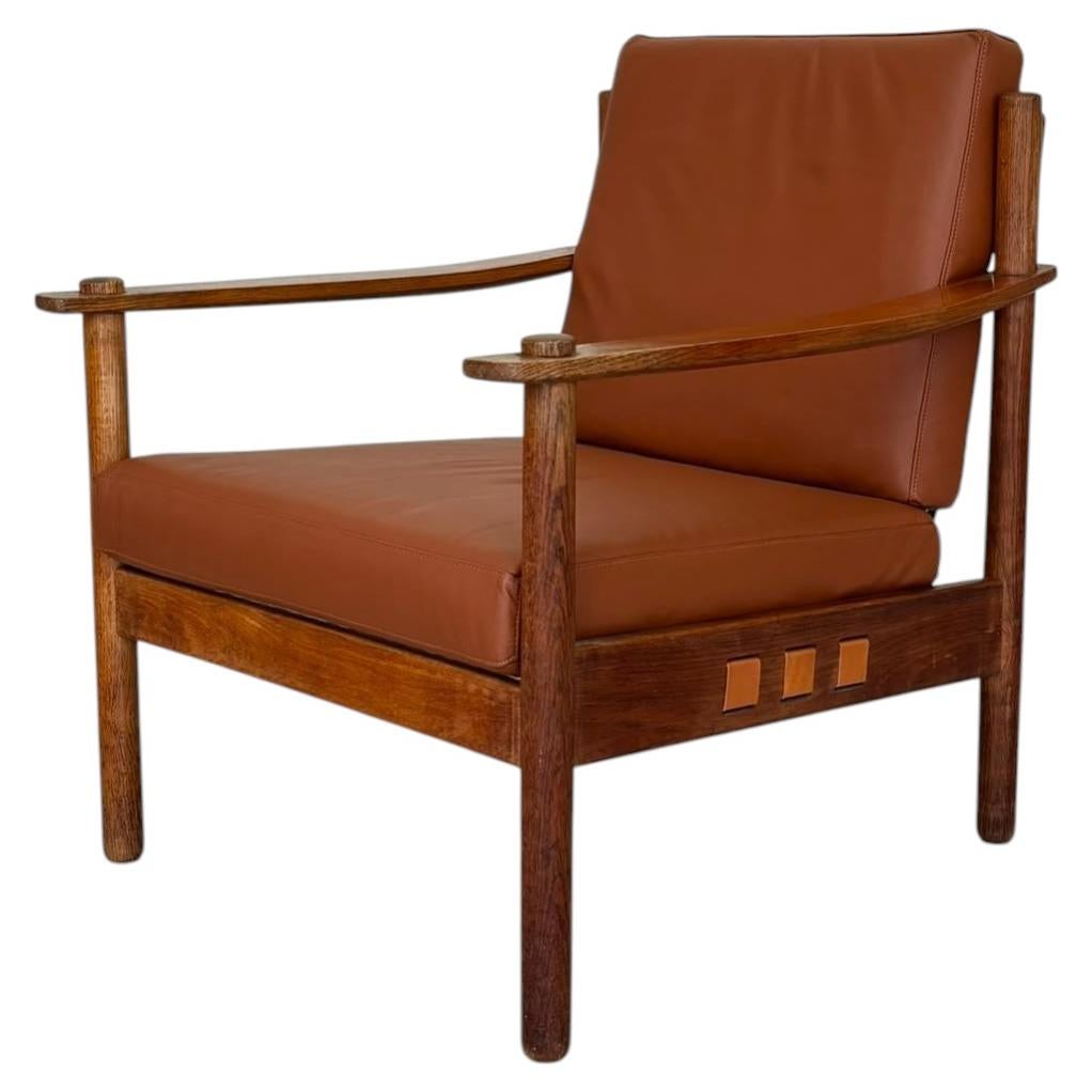 Scandinavian Brutalist Lounge Chair in Solid Oak & Cognac Leather, 1970s For Sale