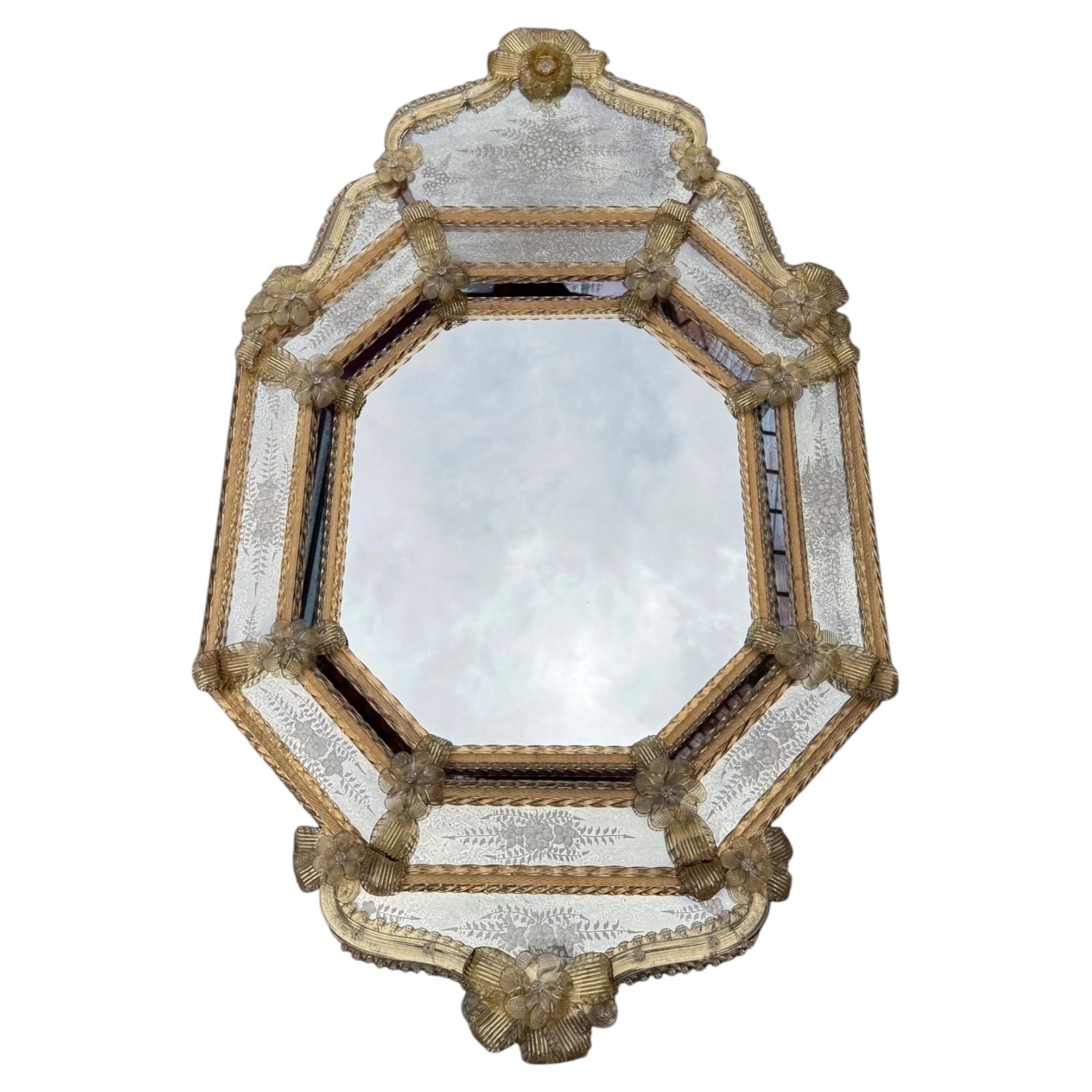 Antique Venetian Murano Glass Wall Mirror, Beveled Octagonal, 1940s