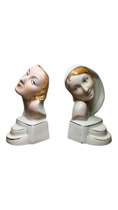 Pair of Art Deco Ceramic Bookends, Women’s Busts Royal Dux Czechoslovakia, 1920s
