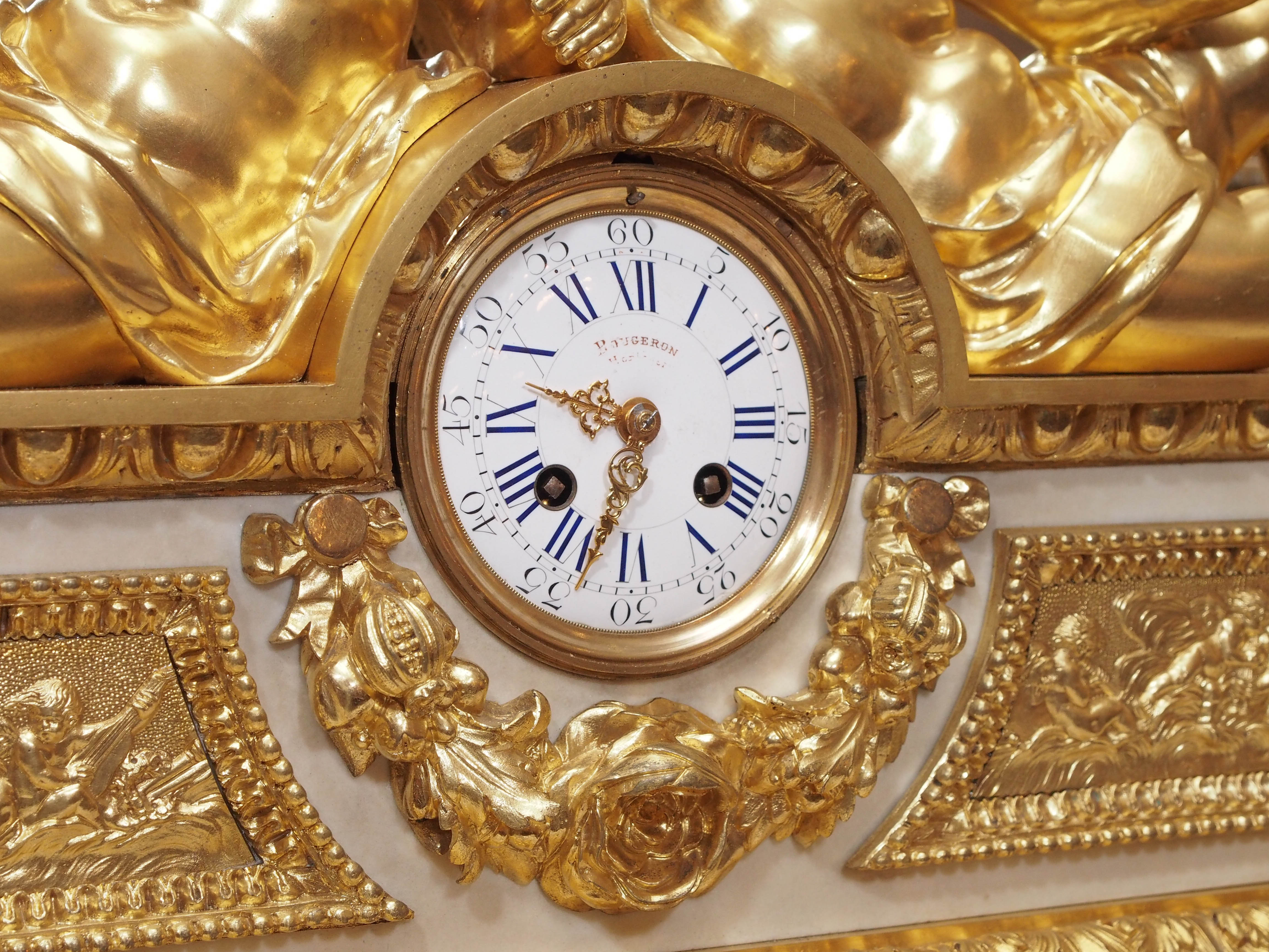 Antique French Louis XVI museum quality ormolu and Carrara marble clock, circa 1880.