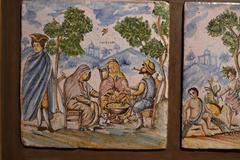 Set of Four Antique 19th Century European Hand Painted Tiles in Wooden Frame