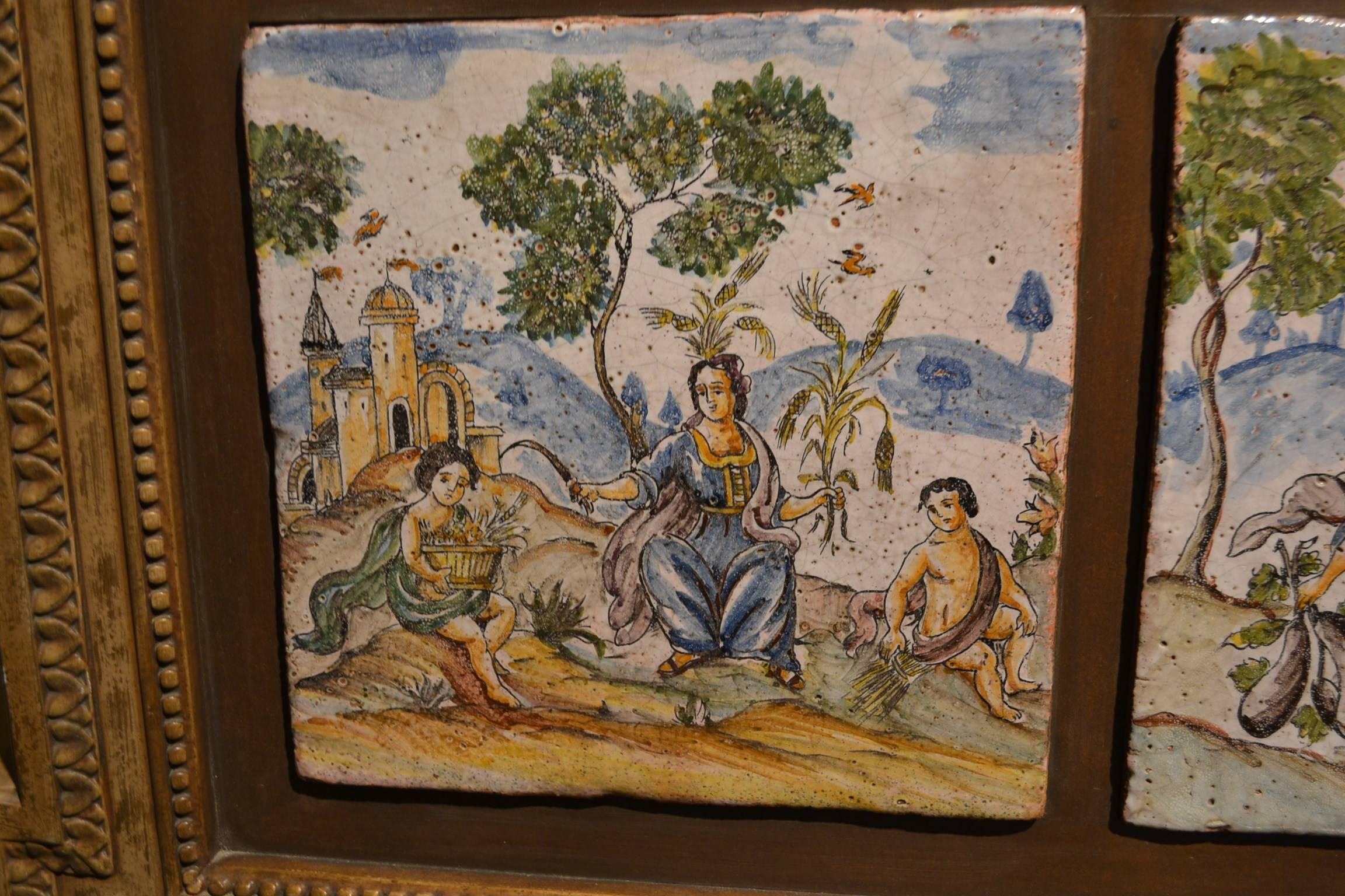 Set of Four Antique 19th Century European Hand Painted Tiles in Wooden Frame In Good Condition For Sale In New Orleans, LA
