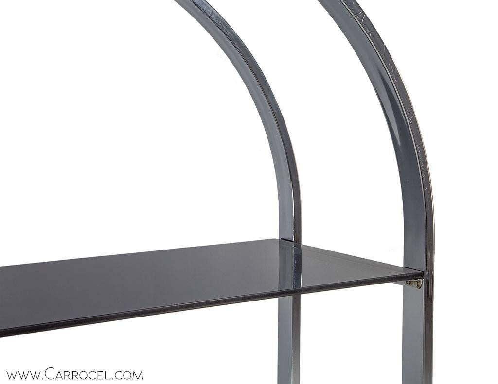 Polished Chrome and Black Glass Arched Etagere In Excellent Condition In North York, ON