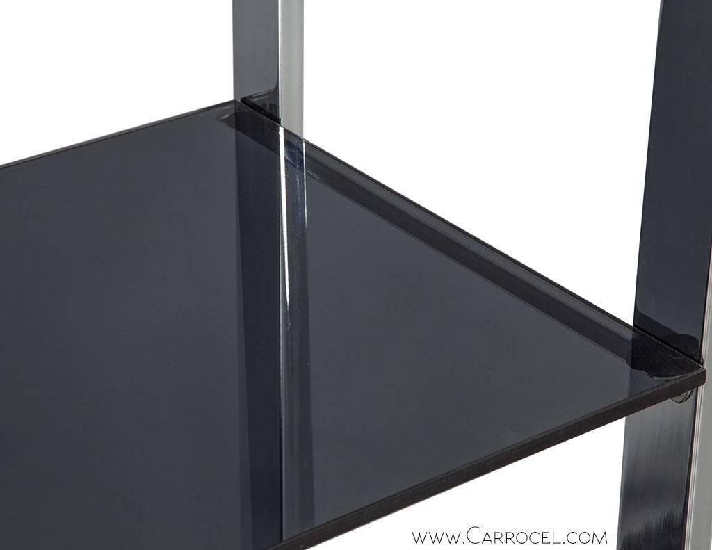 Modern Polished Chrome and Black Glass Arched Etagere