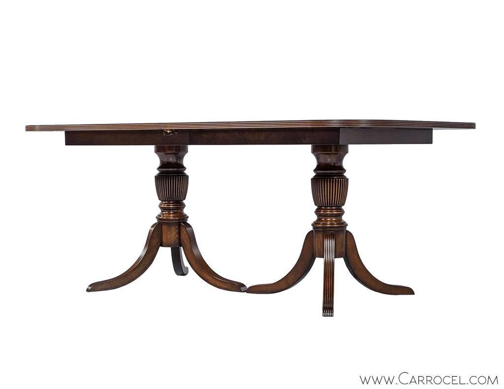 Contemporary Carrocel Custom Flamed Mahogany Dining Table with Duncan Phyfe Style Pedestals