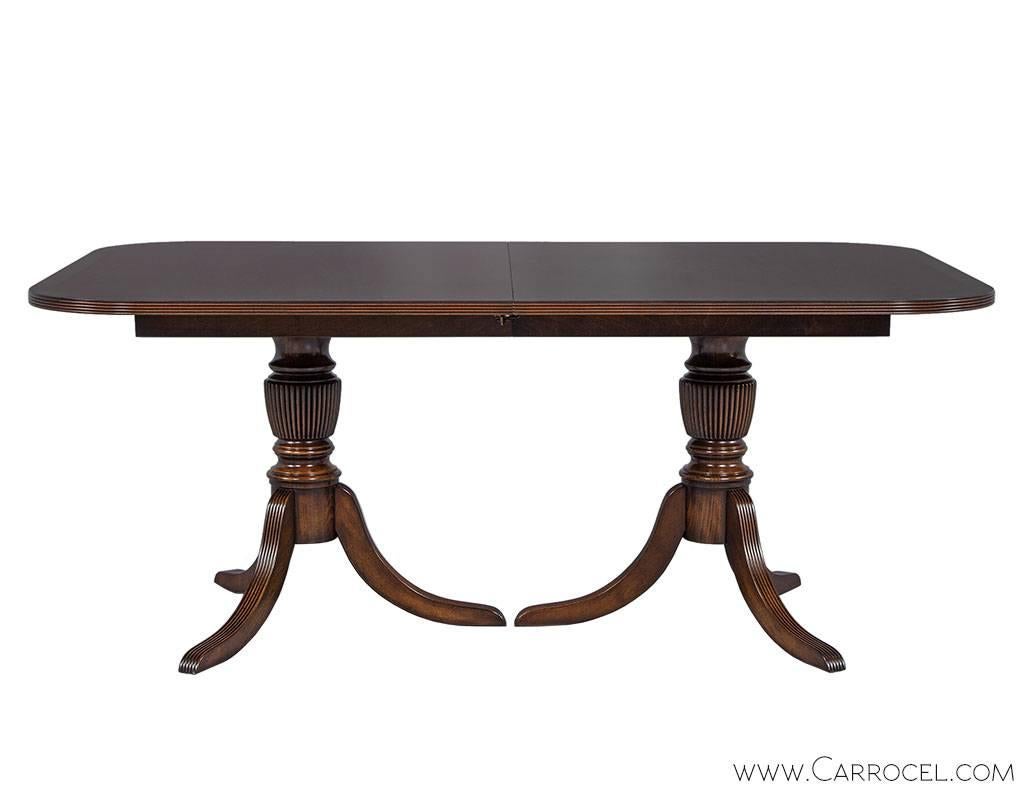 Carrocel Custom Flamed Mahogany Dining Table with Duncan Phyfe Style Pedestals In Excellent Condition In North York, ON