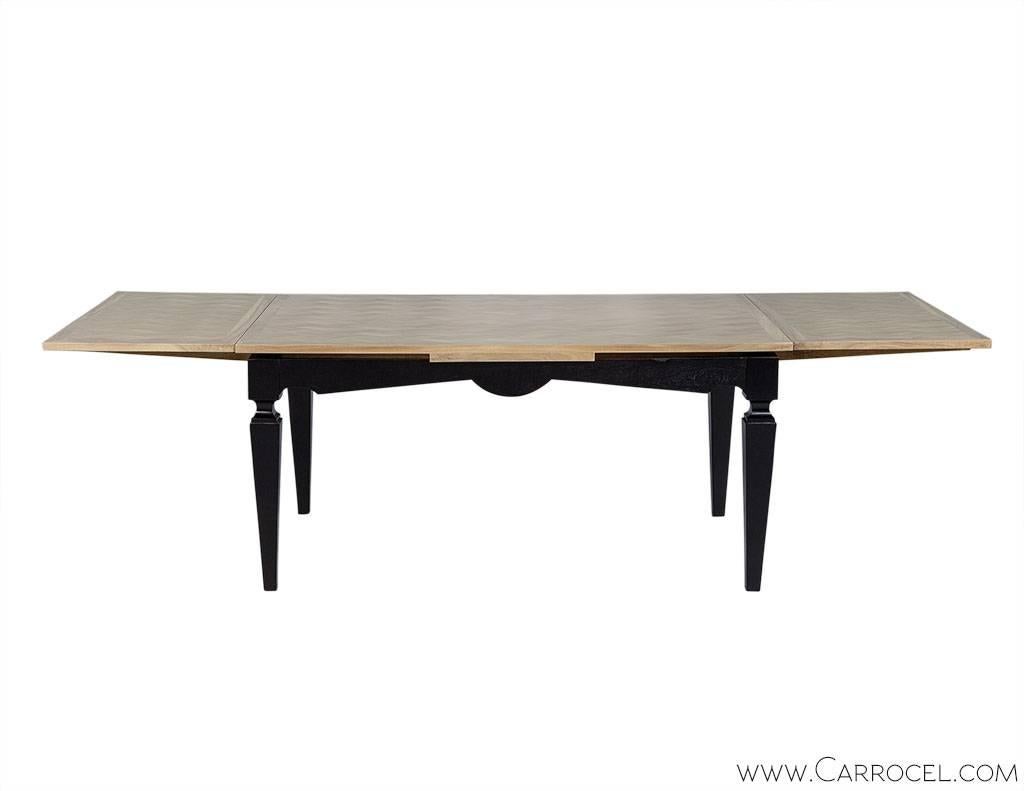 Parquetry Top Dining Table with Self Storing Extensions In Excellent Condition In North York, ON