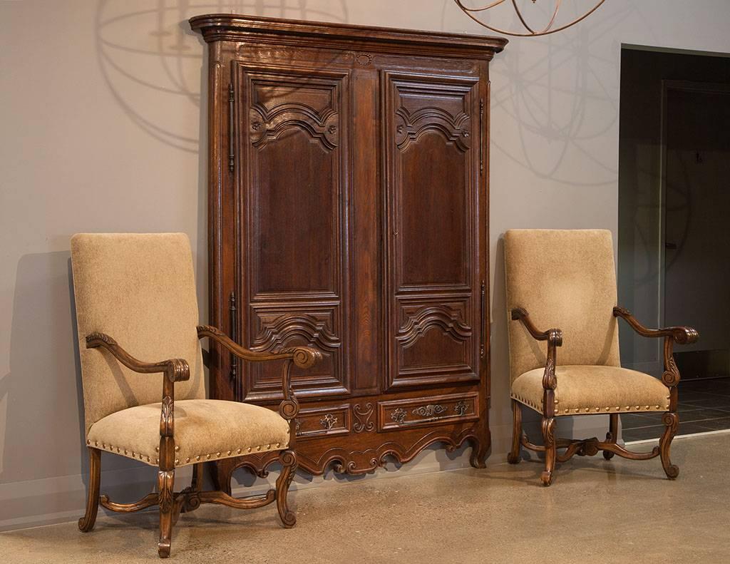 Sample a fully functional armoire front only that can infuse a regular wardrobe, entry or closet with all the classicism of the Rococo style. A rich double door composition in wood, with carved recessed panels and iron long-bar hinges, and two
